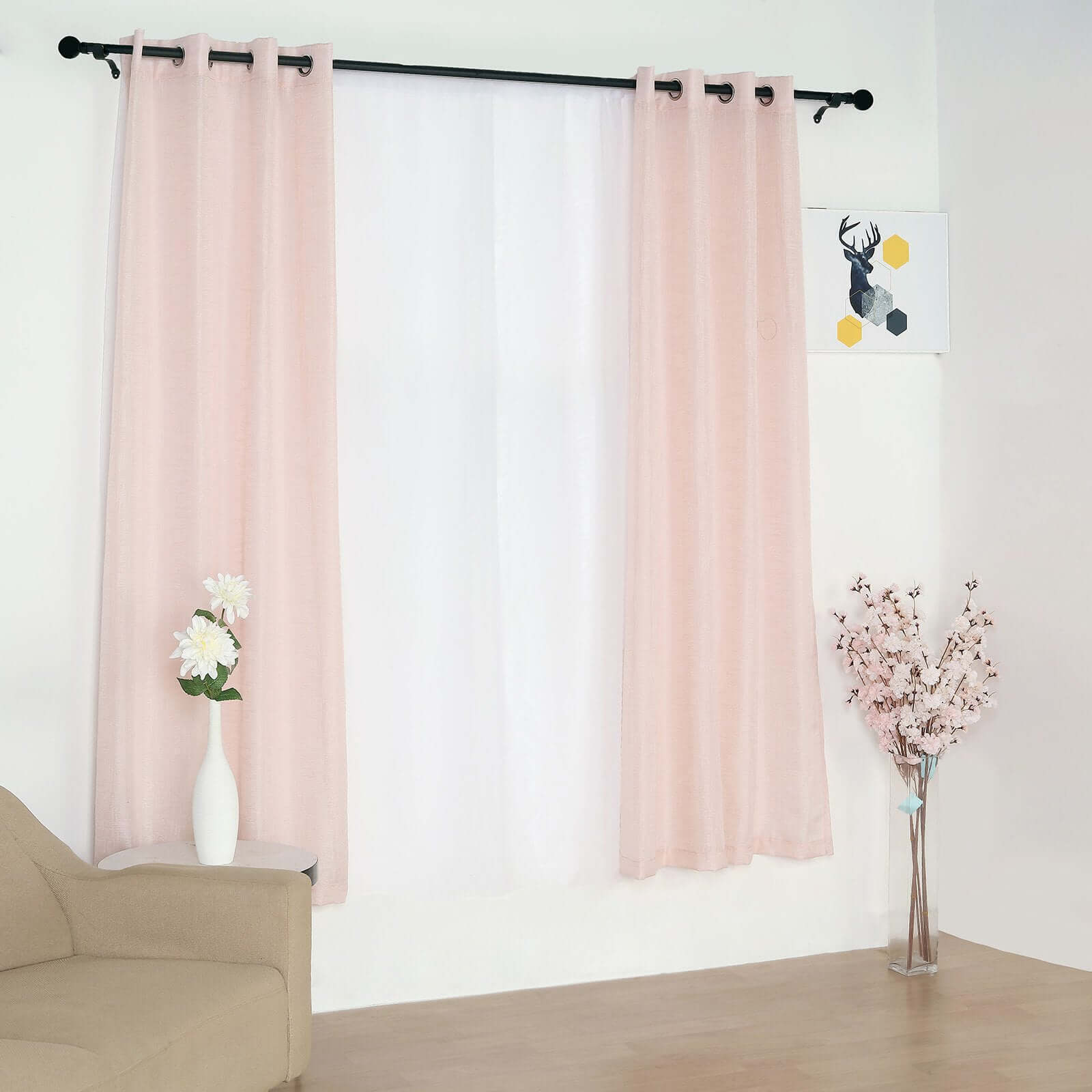 2 Pack Handmade Blush Faux Linen Curtains 52x84, Curtain Panels With Chrome Grommets -