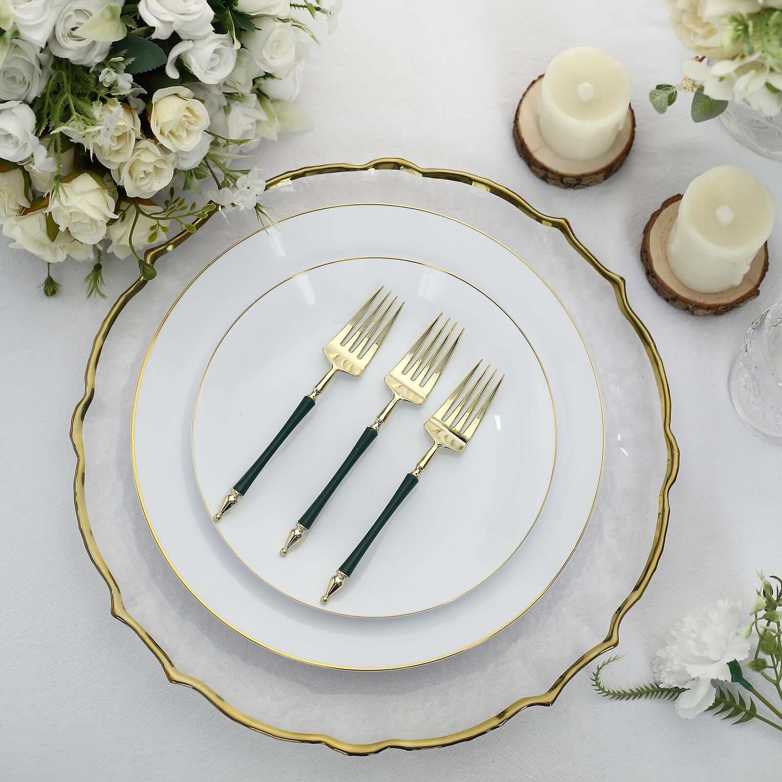 24 Pack 6 Gold Hunter Emerald Green Plastic Dessert Forks With Roman Column Handle, European Style Disposable Utensils