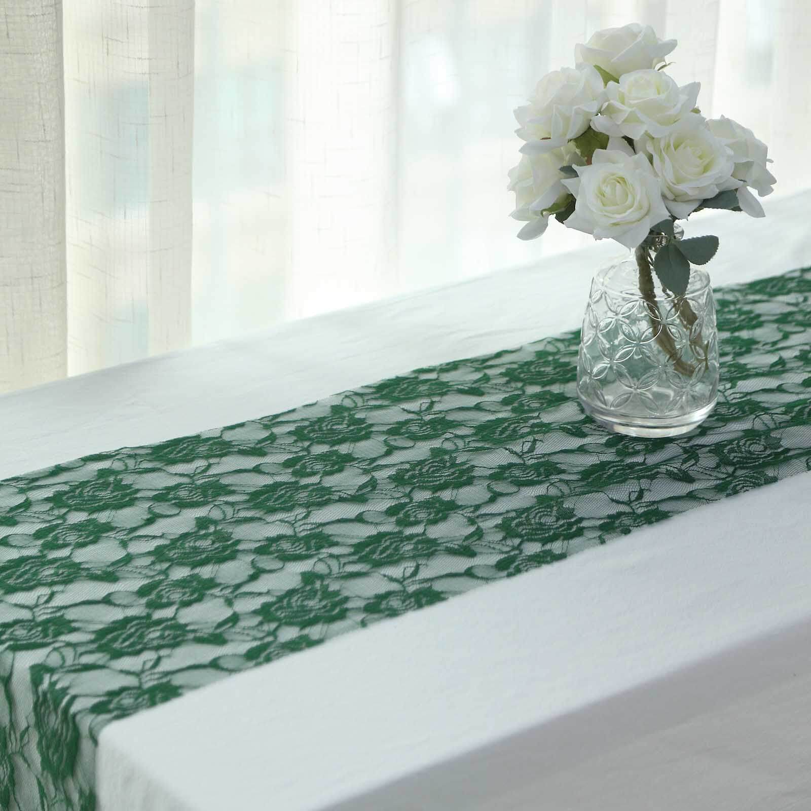 Lace 12x108 Table Runner Hunter Emerald Green - Vintage Rose Pattern Table Decor