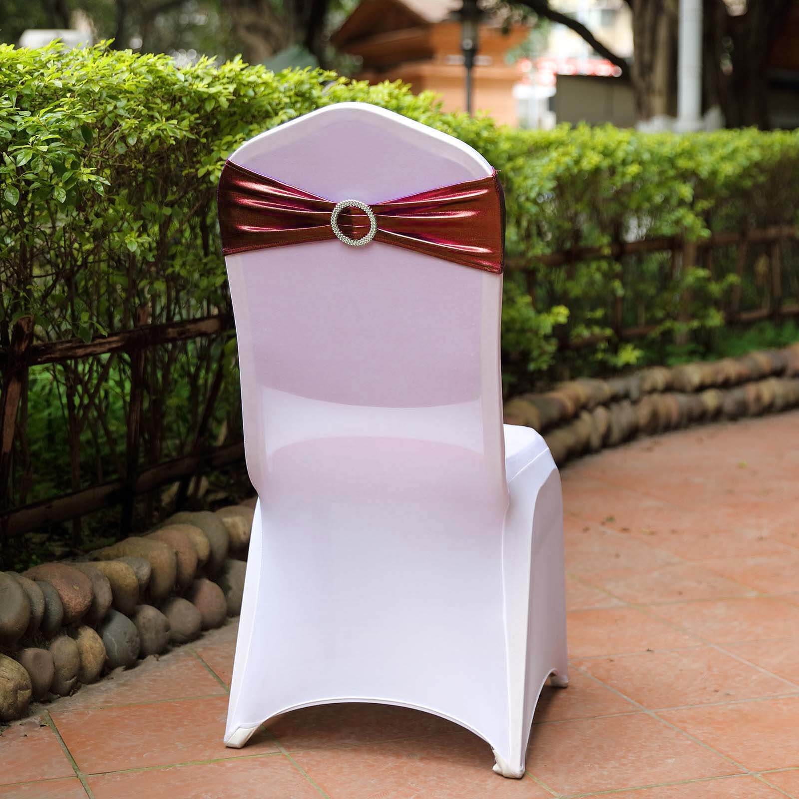 5 Pack Metallic Spandex Chair Sashes Burgundy - Stretch Fit Chair Bands With Round Diamond Buckles