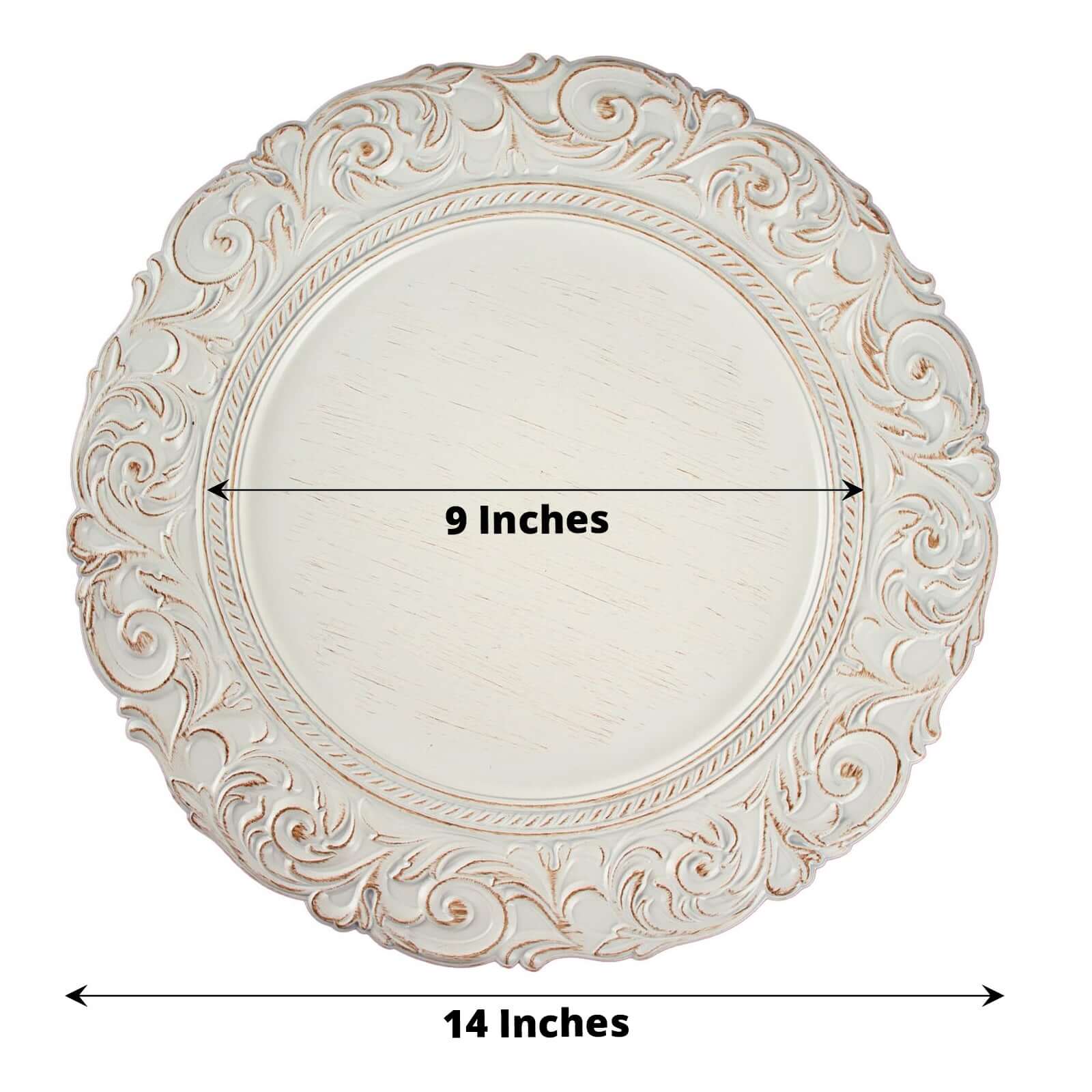 6-Pack Acrylic Round Charger Plates 14 in Antique White with Gold Engraved Baroque Rim, Vintage Disposable Decorative Chargers