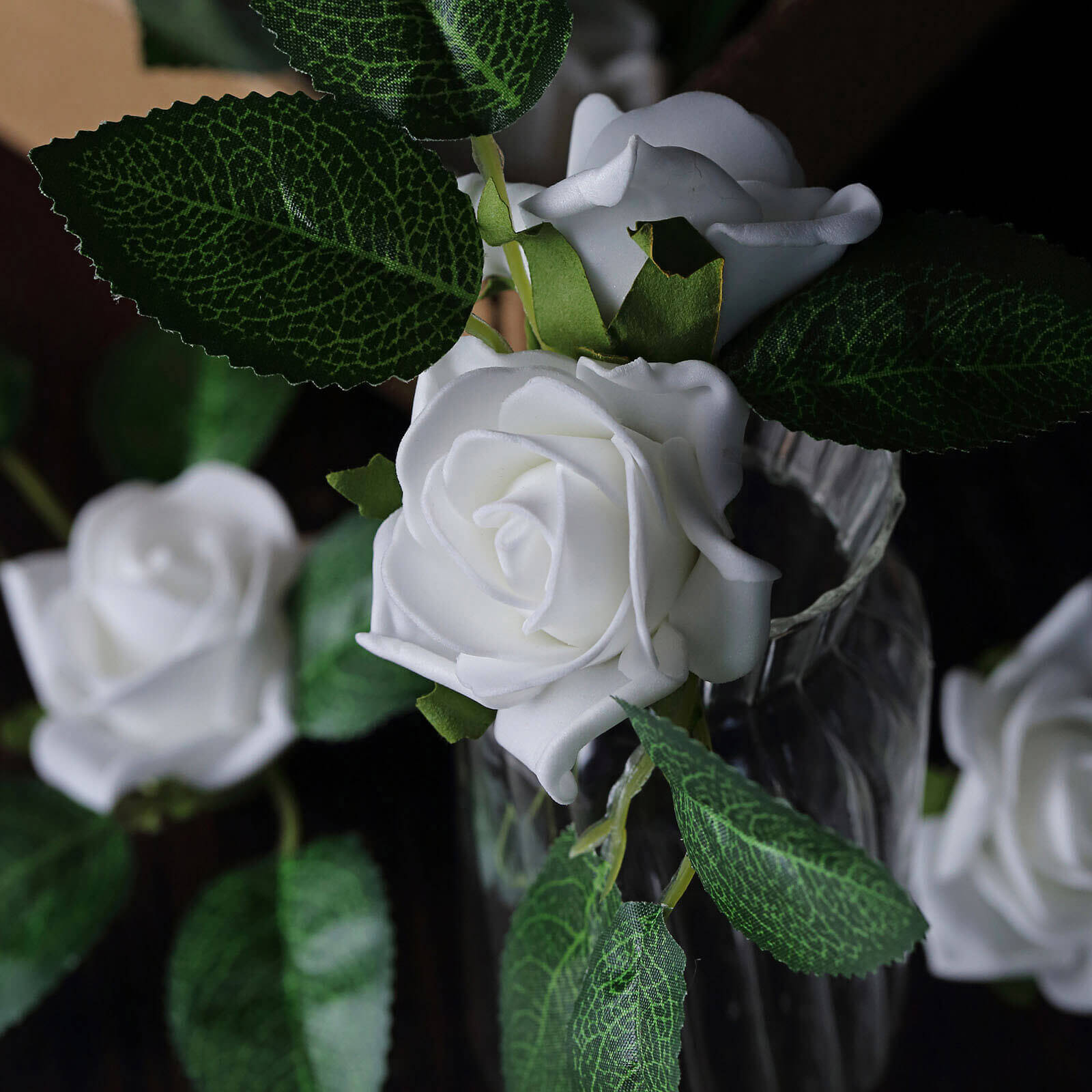 24 Roses 2 White Artificial Foam Flowers With Stem Wire and Leaves