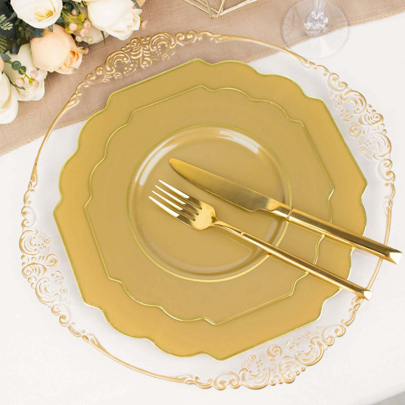 10-Pack Plastic Dinner Plates in Gold Baroque Design with Scalloped Gold Rim - Heavy Duty Disposable Party Plates for Events & Banquets 11