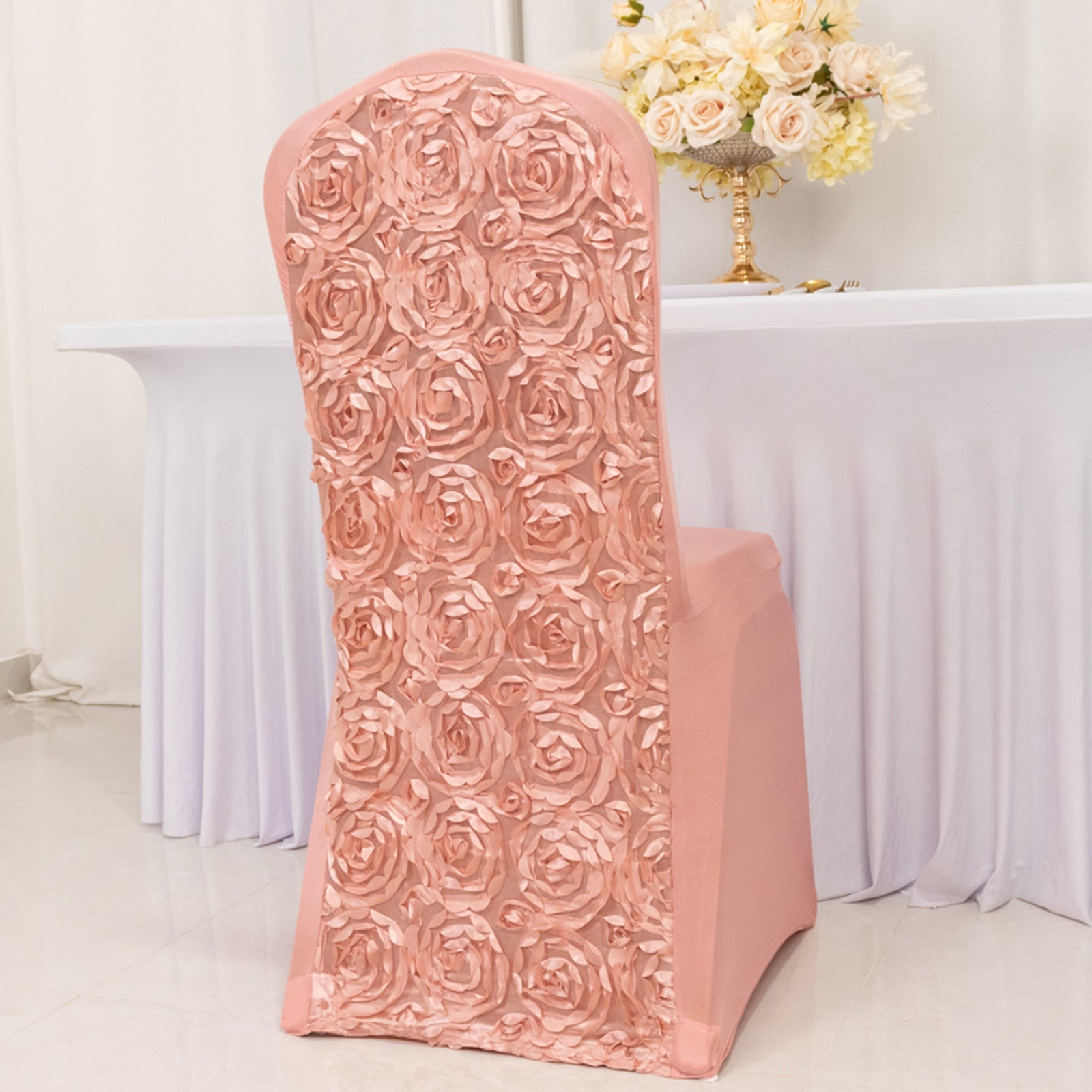 Satin Rosette Chair Cover for Banquet Chairs Dusty Rose - Stretch Fitted Slip-On Slipcover