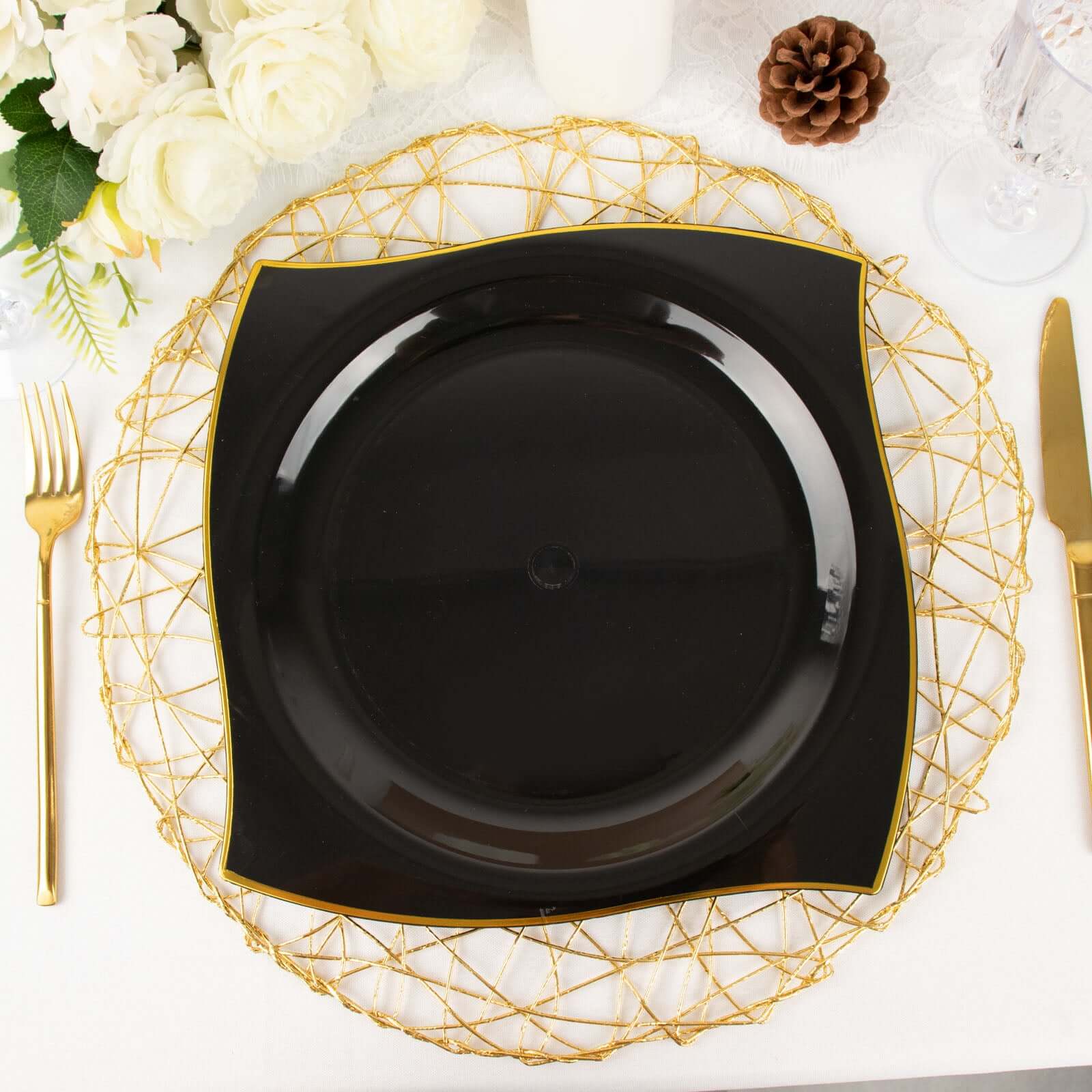 10-Pack Plastic 10 Square Dinner Plates in Black with Gold Wavy Rim Modern - Disposable Party Plates