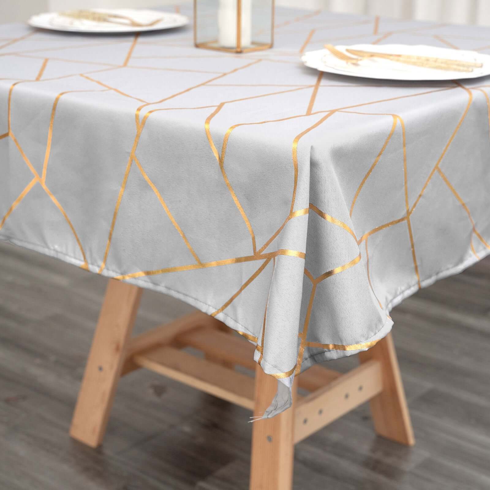 Polyester 54x54 Square Tablecloth Silver with Gold Foil Geometric Pattern - Wrinkle-Resistant & Durable for Stylish Settings