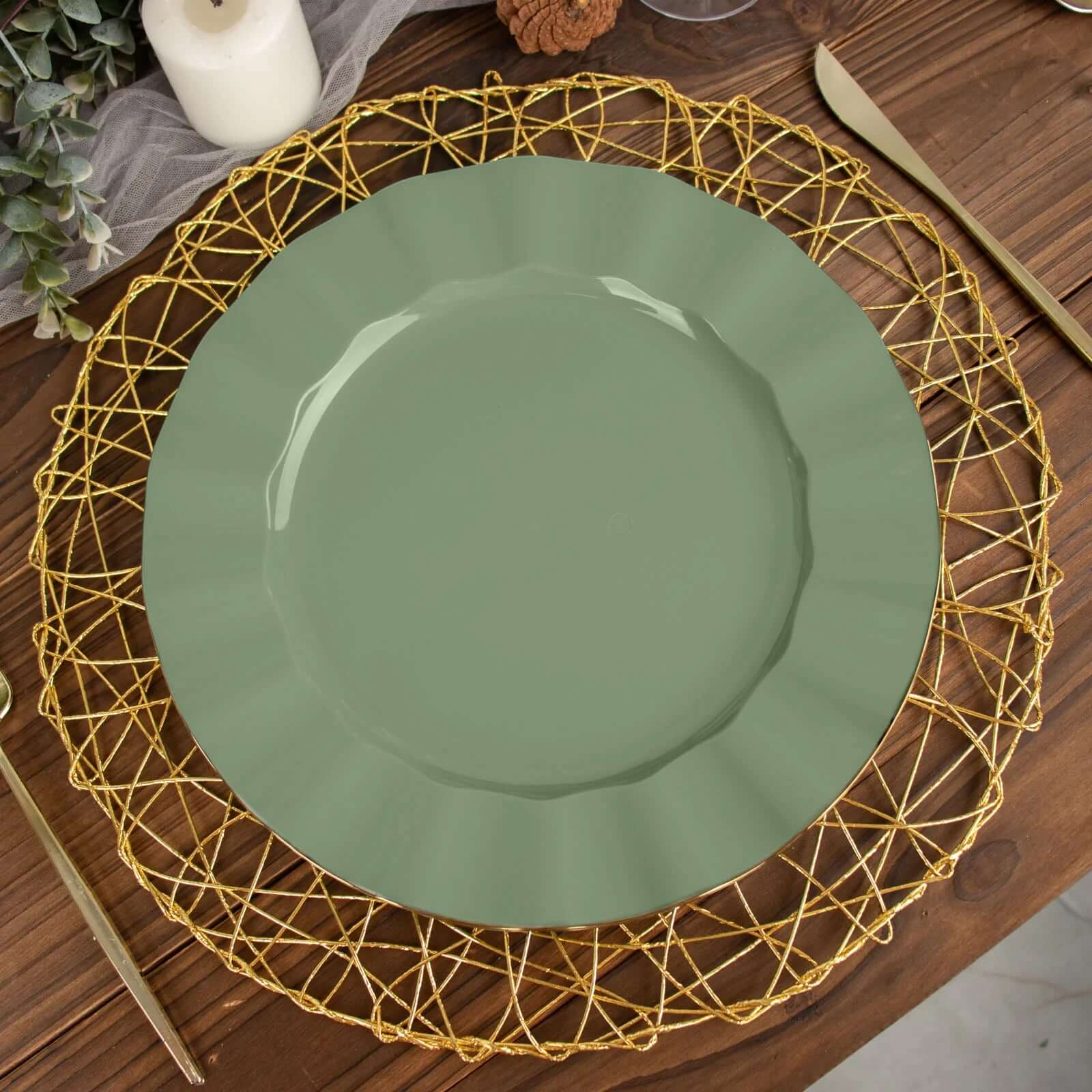 10-Pack Plastic 11 Round Dinner Plates in Dusty Sage Green Ruffled Rim with Gold Edging - Sturdy Disposable Dinnerware