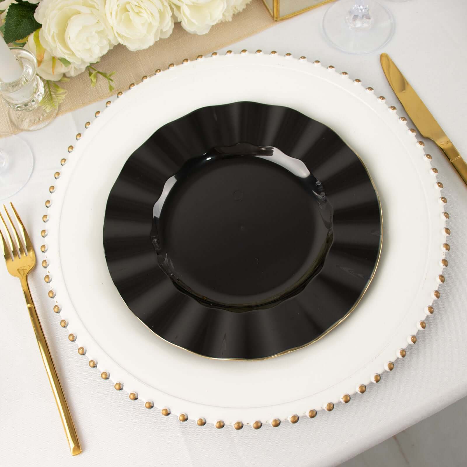 10-Pack Plastic 9 Round Dinner Plates in Black Ruffled Rim with Gold Edging - Sturdy Disposable Dinnerware