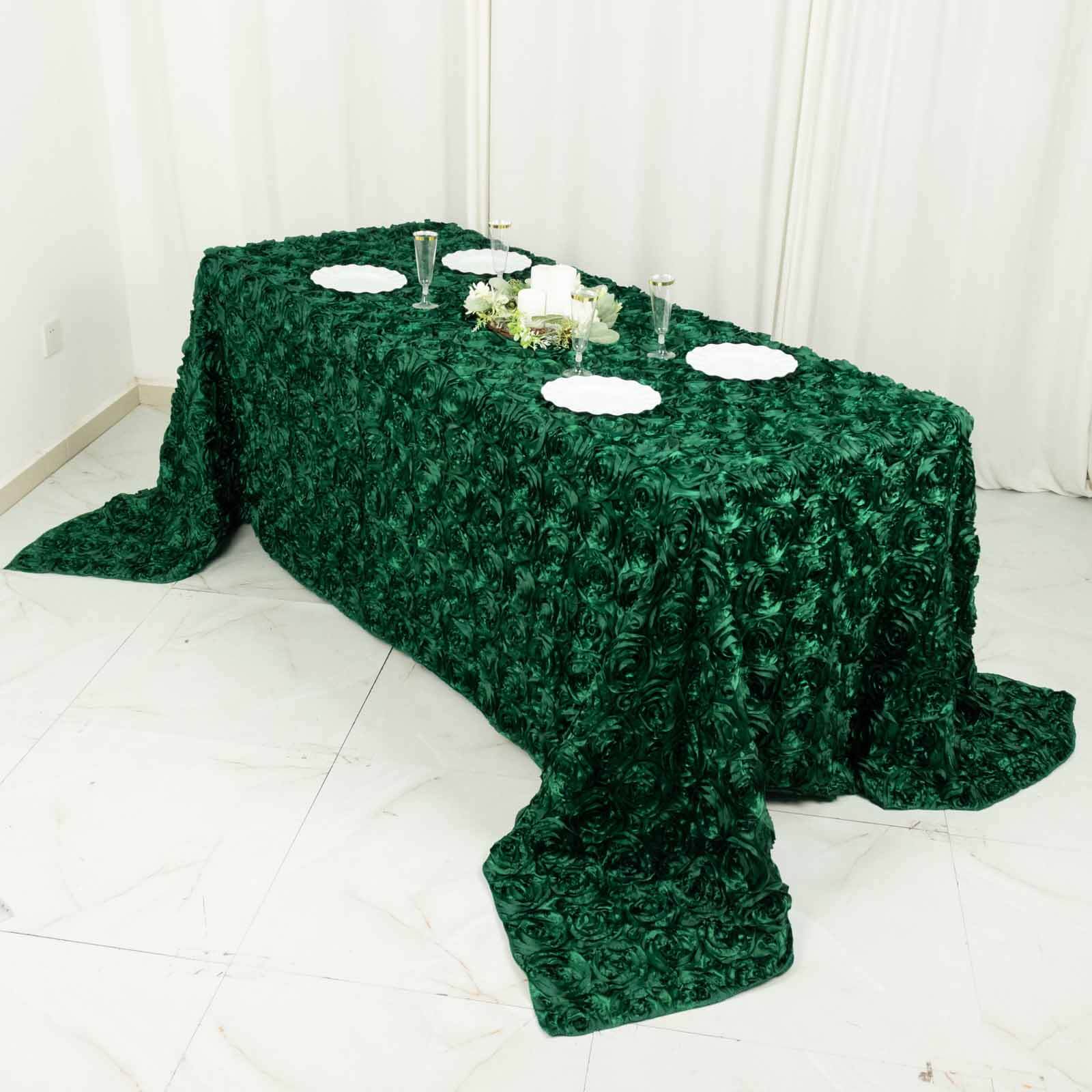 Satin 90x132 Rectangle Tablecloth Hunter Emerald Green - Grandiose 3D Rosette Seamless Table Cover