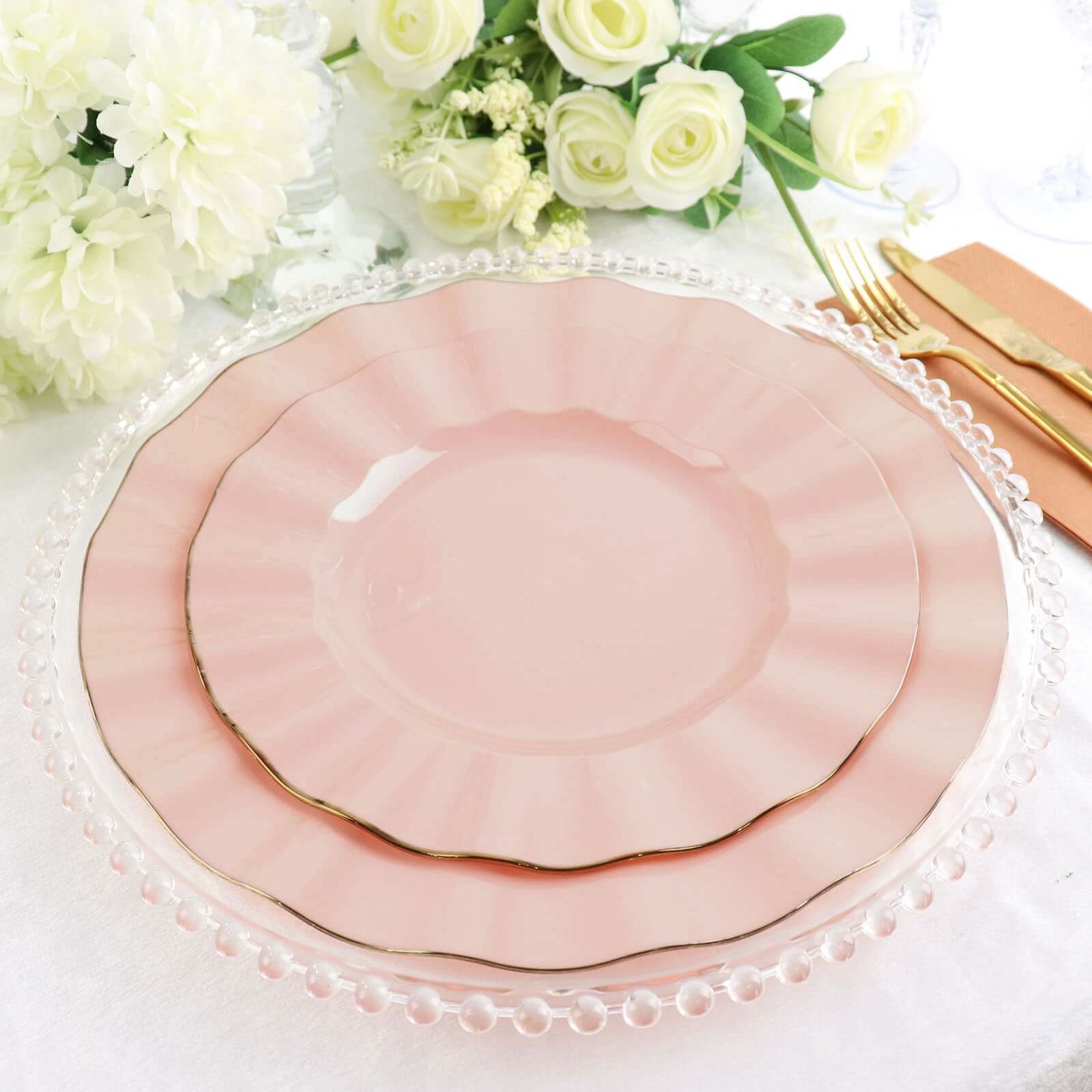 10-Pack Plastic 11 Round Dinner Plates in Blush Ruffled Rim with Gold Edging - Sturdy Disposable Dinnerware