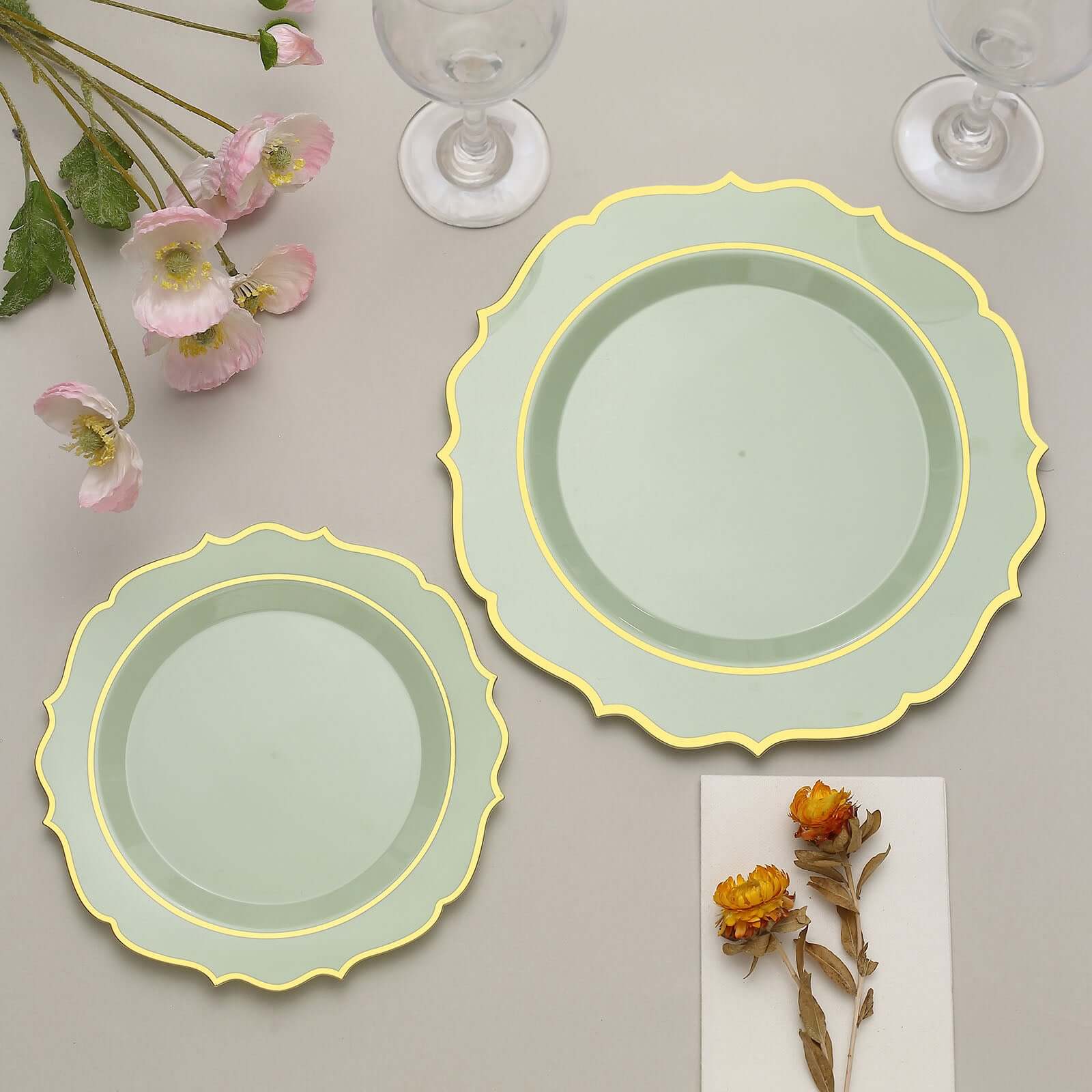 10-Pack Plastic 8 Round Desert Plates in Sage Green with Gold Scalloped Rim - Disposable Appetizer/Salad Plates