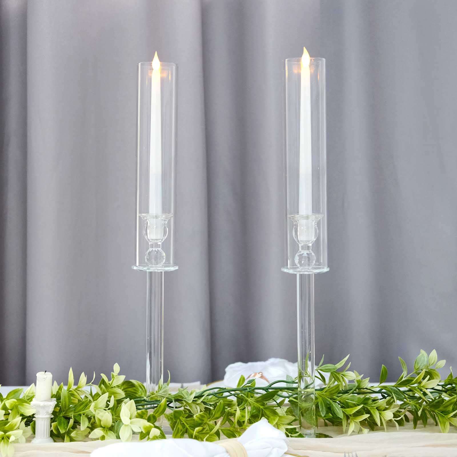 2-Pack Crystal Glass Hurricane Taper Candle Holders, Tall Decorative Candle Stands Clear Cylinder Chimney Tubes 22