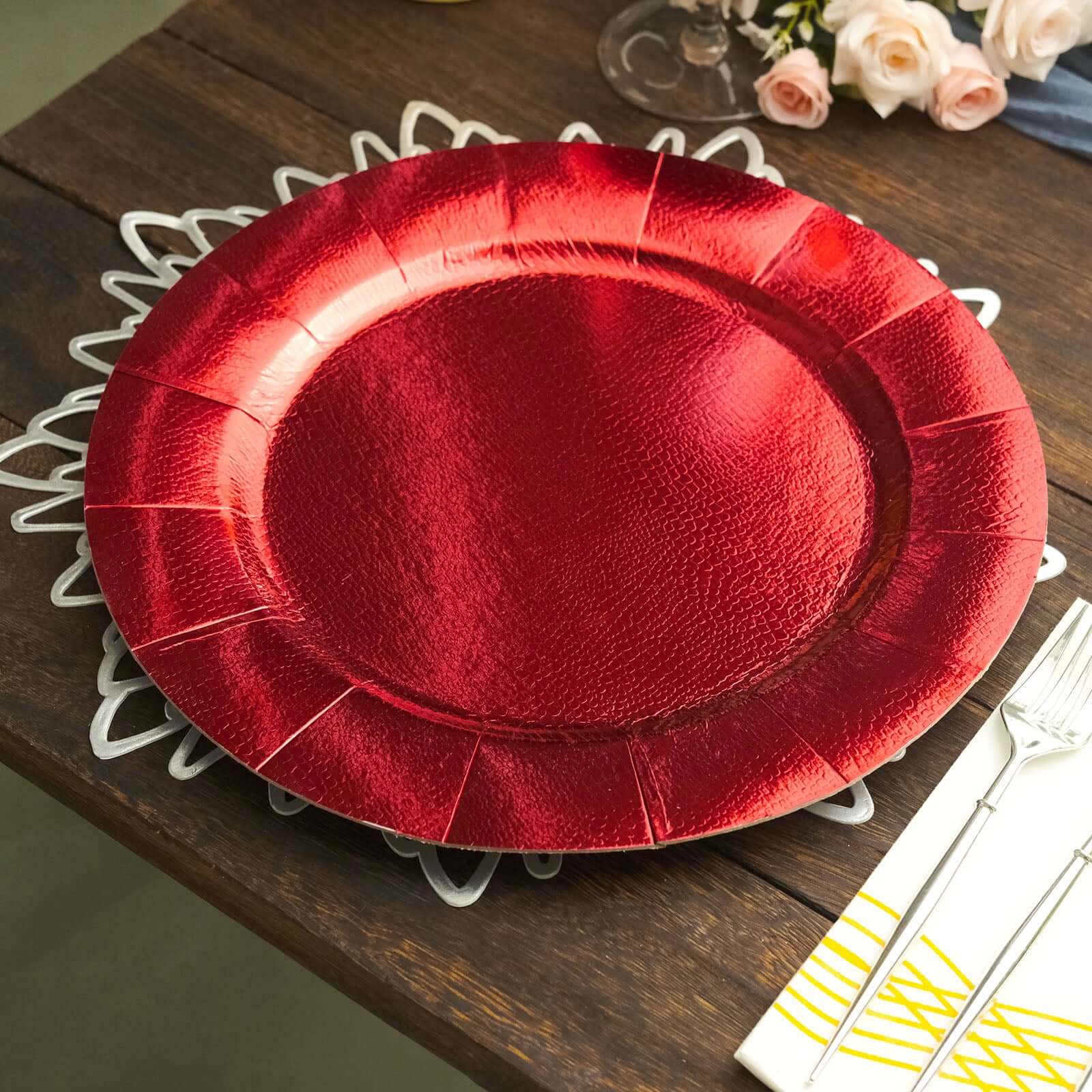 10-Pack Disposable Round Charger Plates in Red with Leathery Texture - Durable 1100GSM Cardboard Placemats 13