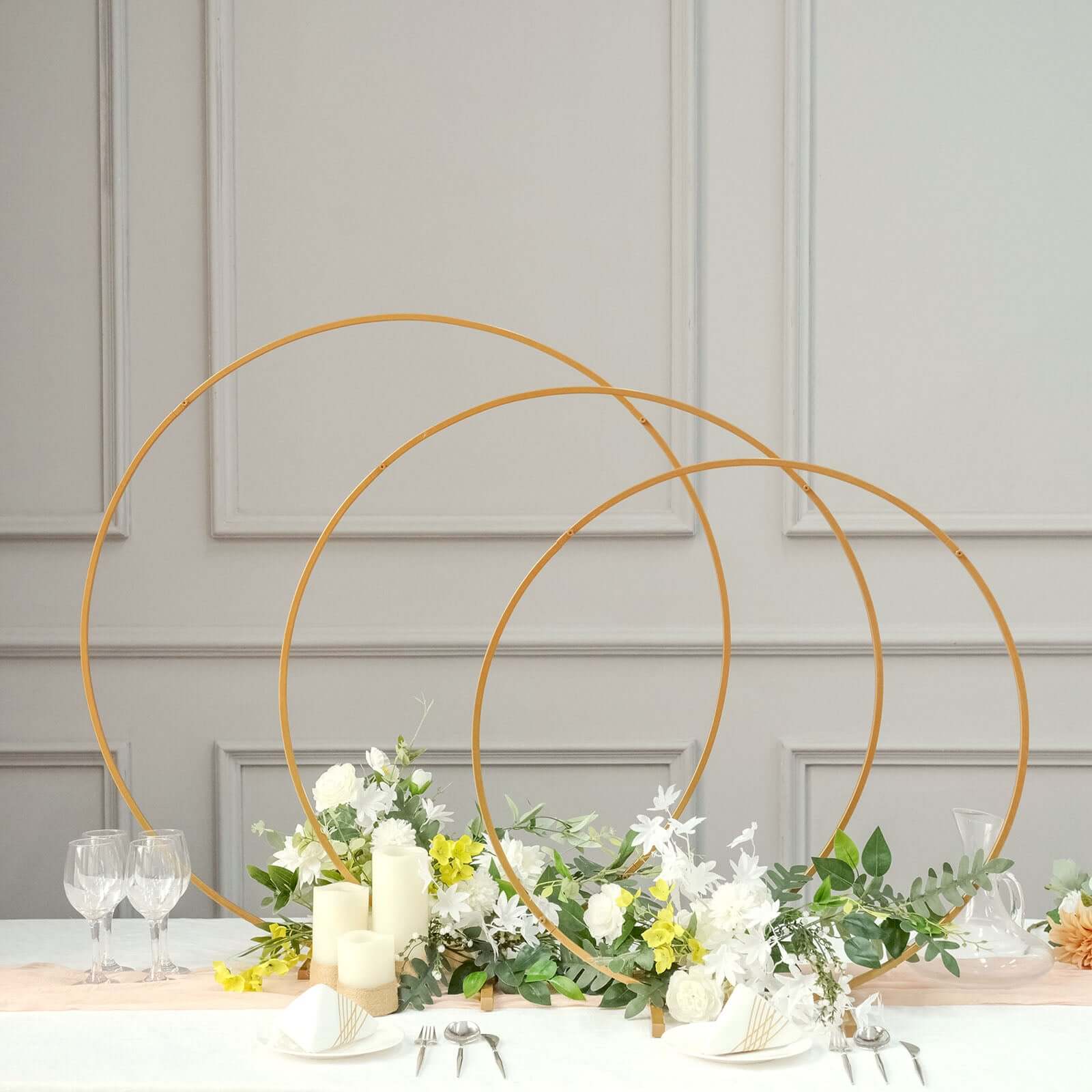 32 Gold Metal Round Hoop Wedding Centerpiece, Self Standing Table Floral Wreath Frame