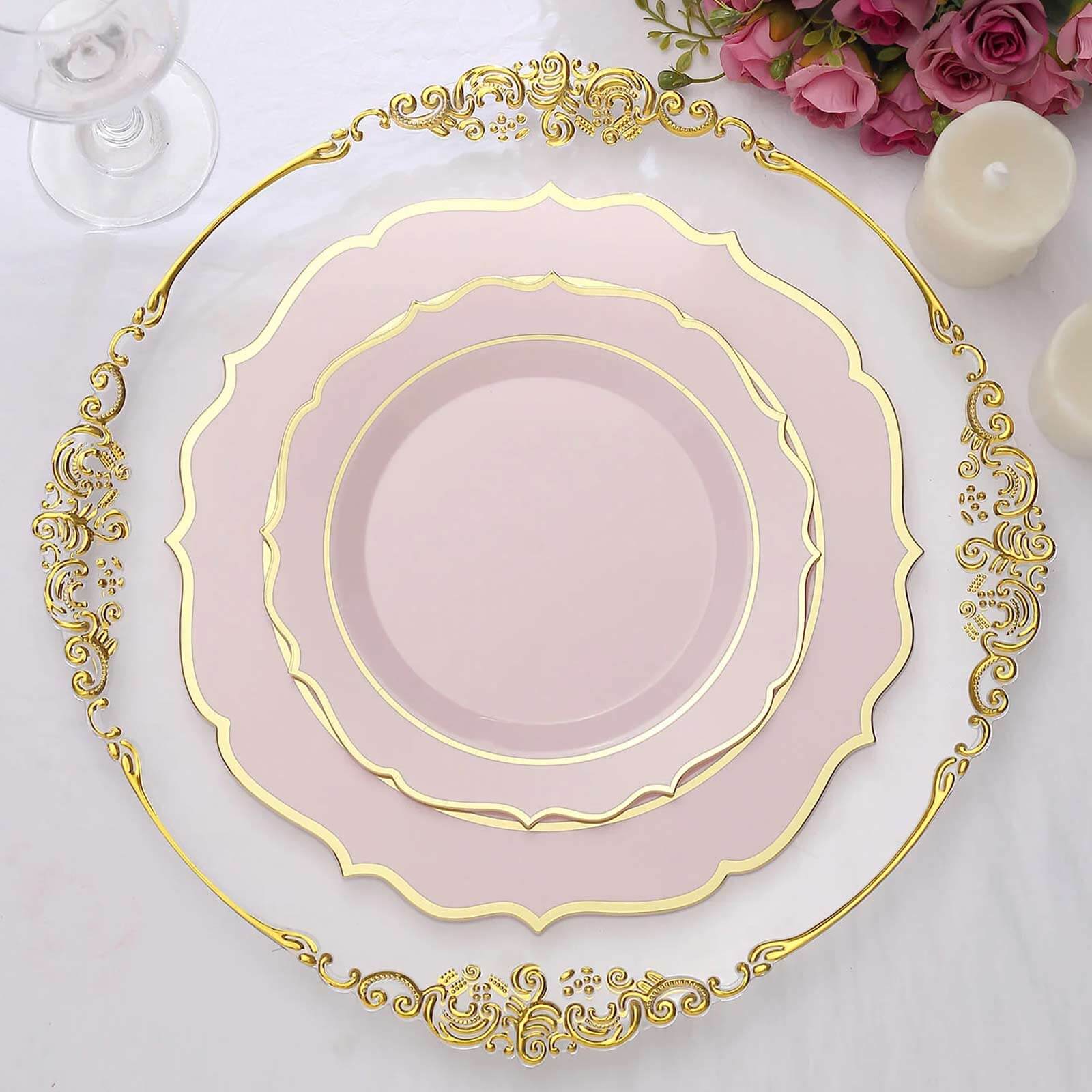 10-Pack Plastic 8 Round Desert Plates in Blush with Gold Scalloped Rim - Disposable Appetizer/Salad Plates