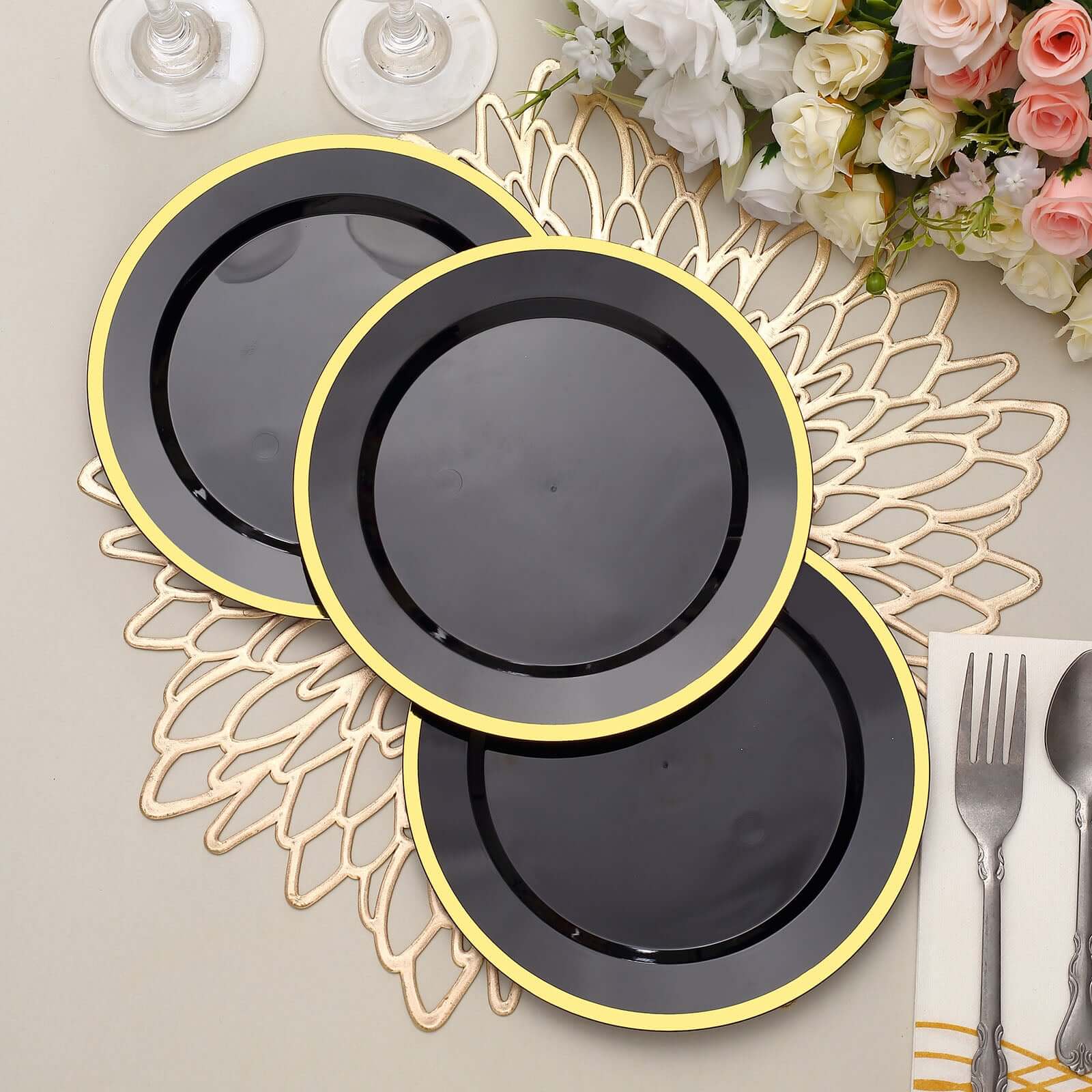 10-Pack Plastic 7 Round Appetizer Plates in Black with Gold Rim - Sleek Disposable Salad Plates for Banquets & Special Occasions