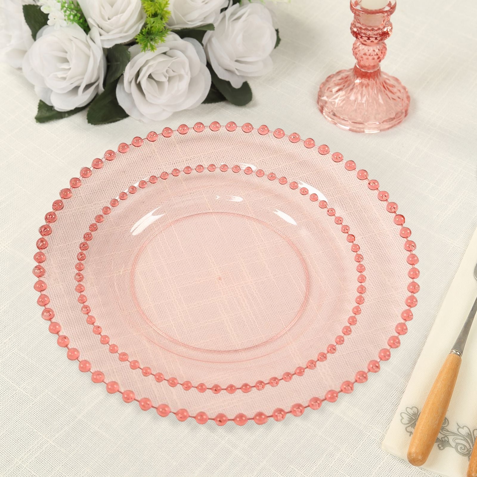 10-Pack Plastic 8 Round Appetizer Dessert Plates in Transparent Blush with Beaded Rim - Disposable Salad Plates