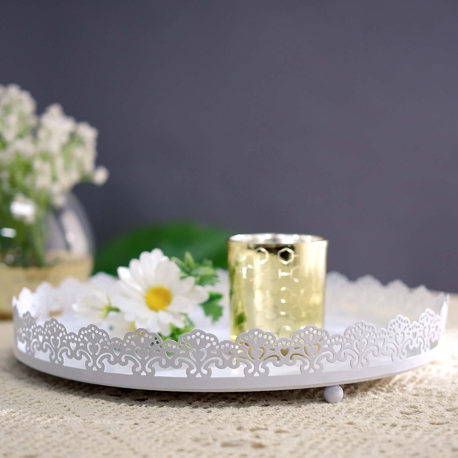 Metal Round Serving Tray 12 in White with Embellished Rims, Stylish Decorative Vanity Tray Centerpiece