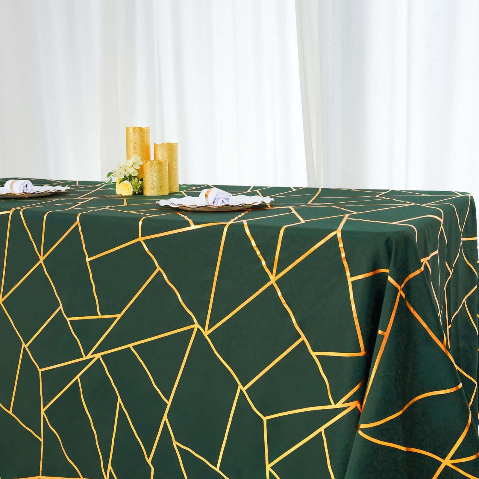 Polyester 90x132 Rectangle Tablecloth Hunter Emerald Green with Gold Foil Geometric Pattern - Wrinkle-Resistant Seamless Table Cover