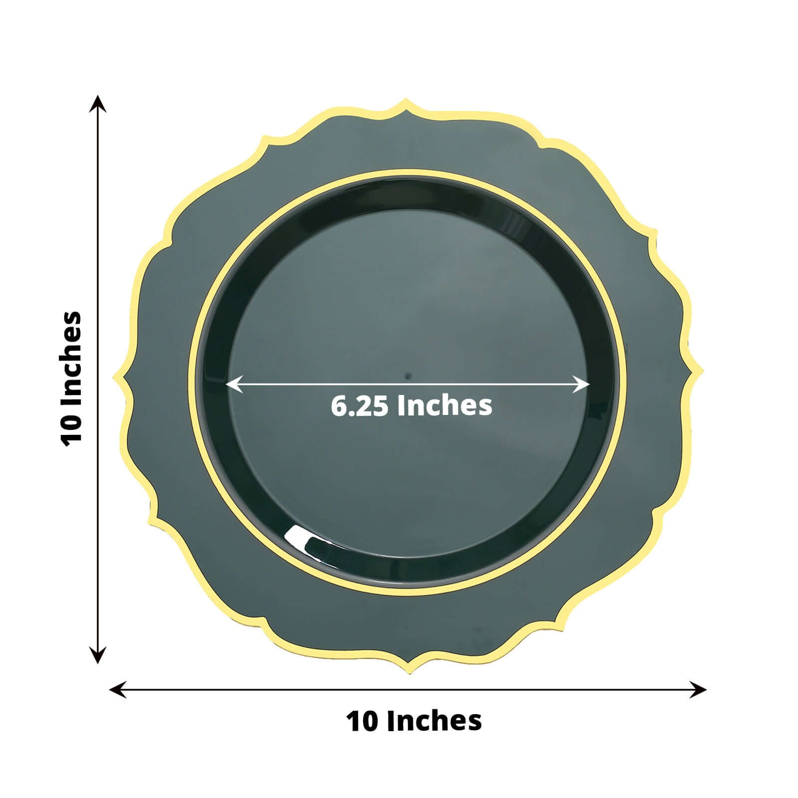 10-Pack Plastic 10 Round Dinner Plates in Hunter Emerald Green with Gold Scalloped Rim - Disposable Party Plates