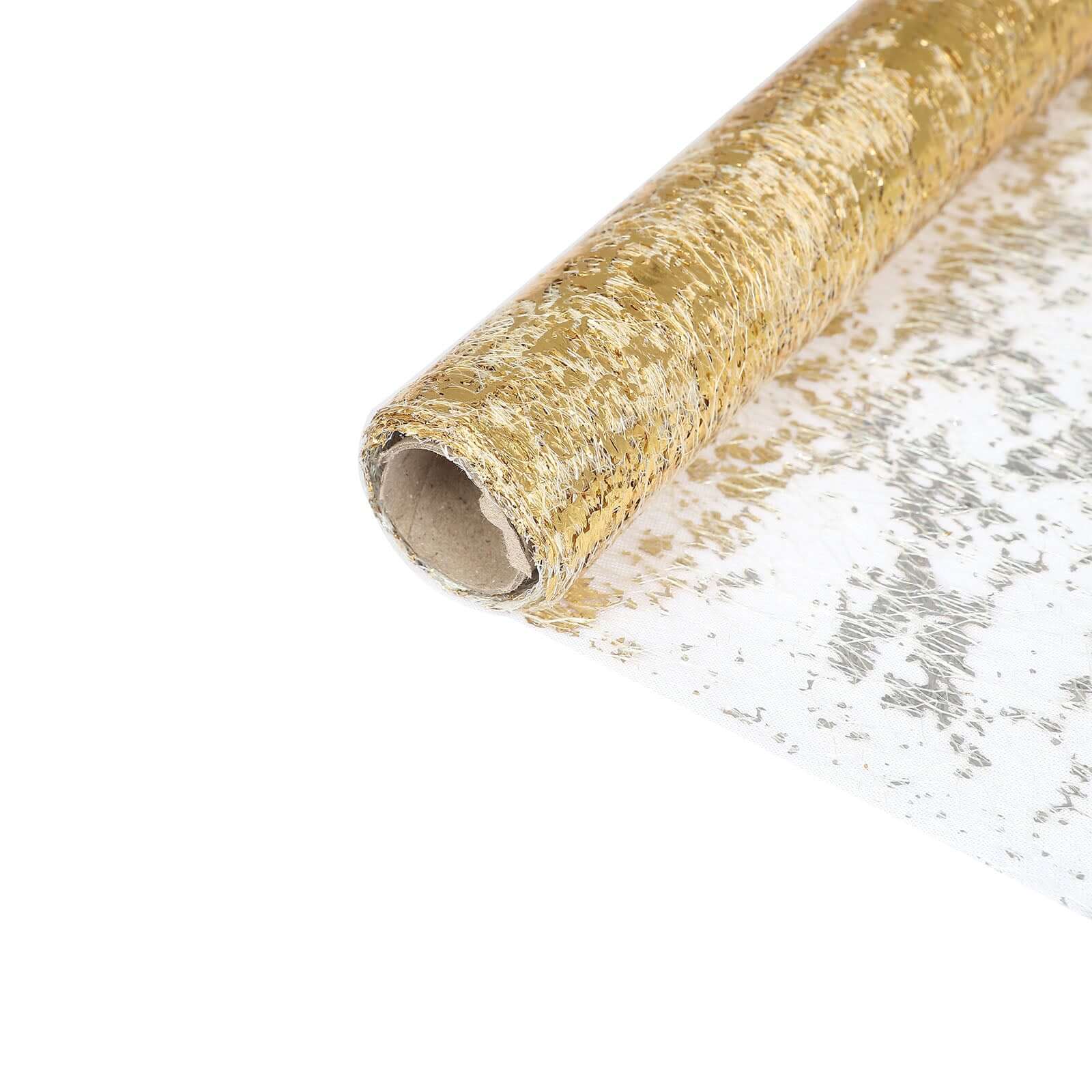 Mesh Polyester 108 Table Runner Roll Metallic Gold Distressed Foil Printing Design - Disposable Stylish Party Table Decor