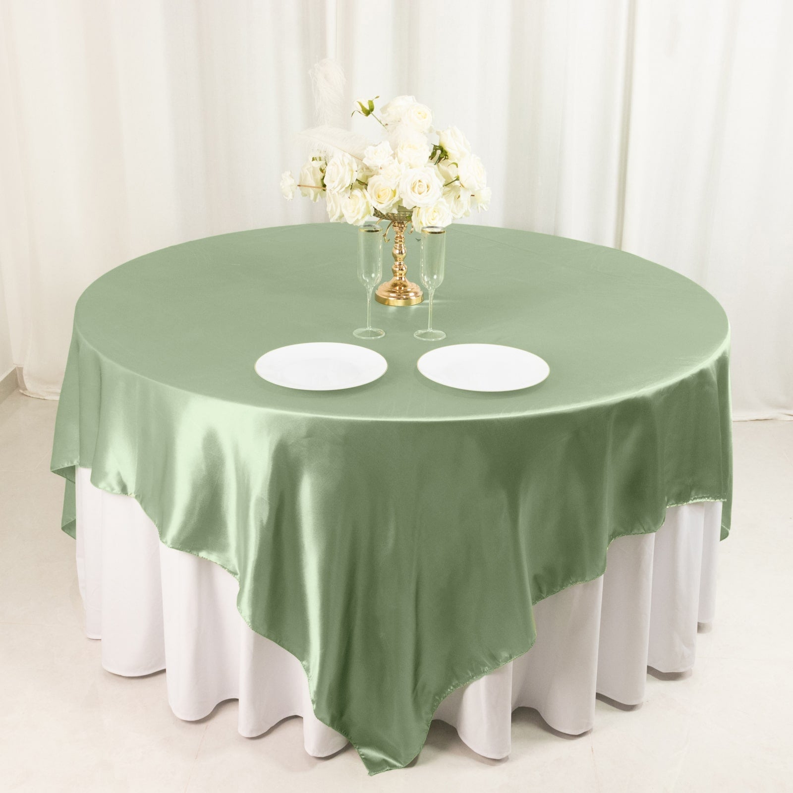 Satin 90x90 Table Overlay Square Tablecloth Sage Green - Smooth Finish Table Topper