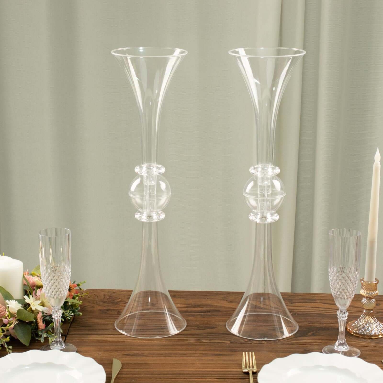 2-Pack Flower Vases Trumpet Design with Crystal Embellishments Clear - Reversible Plastic Table Centerpieces 21