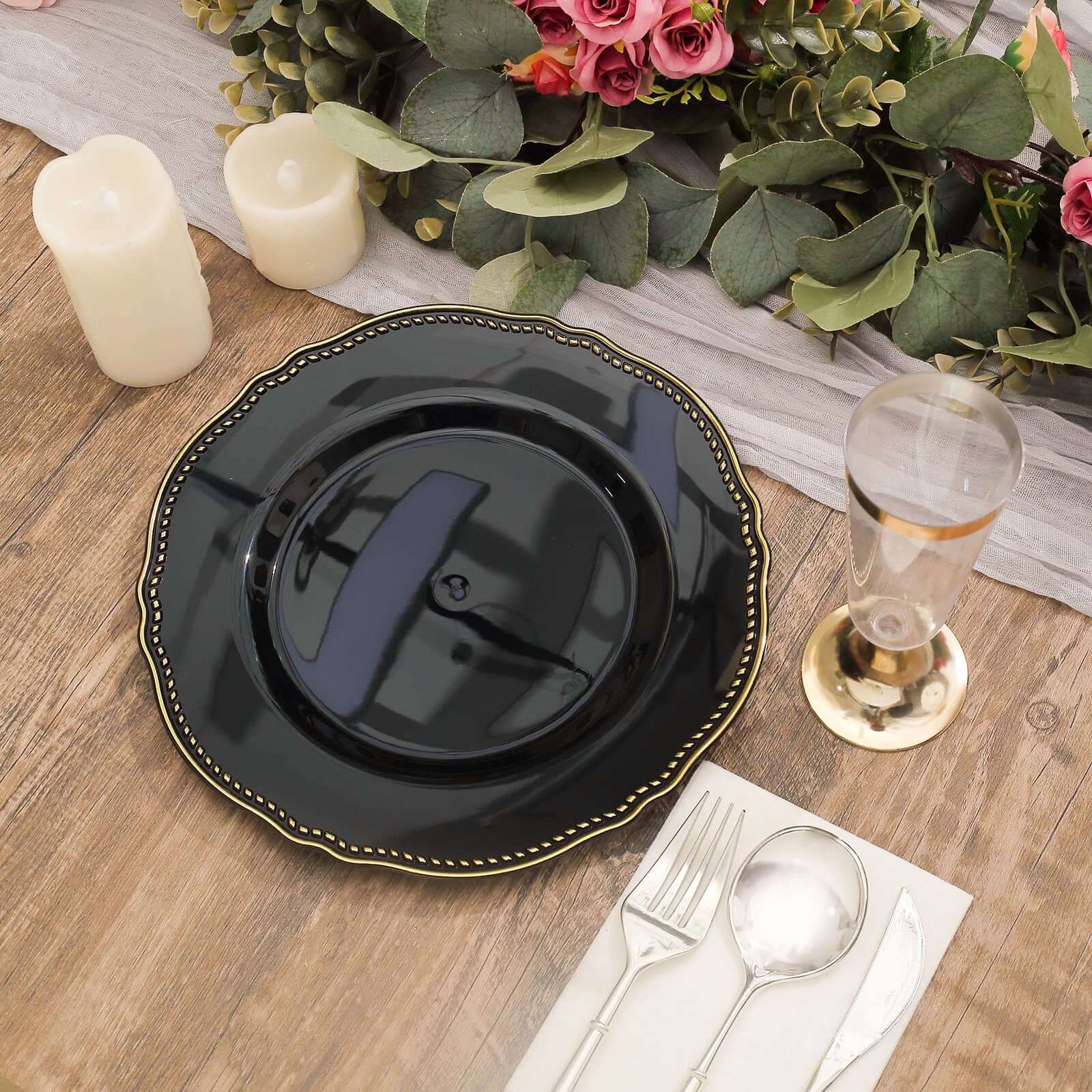 10-Pack Plastic Dinner Plates in Black with Gold Scalloped Rim - Disposable Party Plates for Upscale Events & Banquets 9