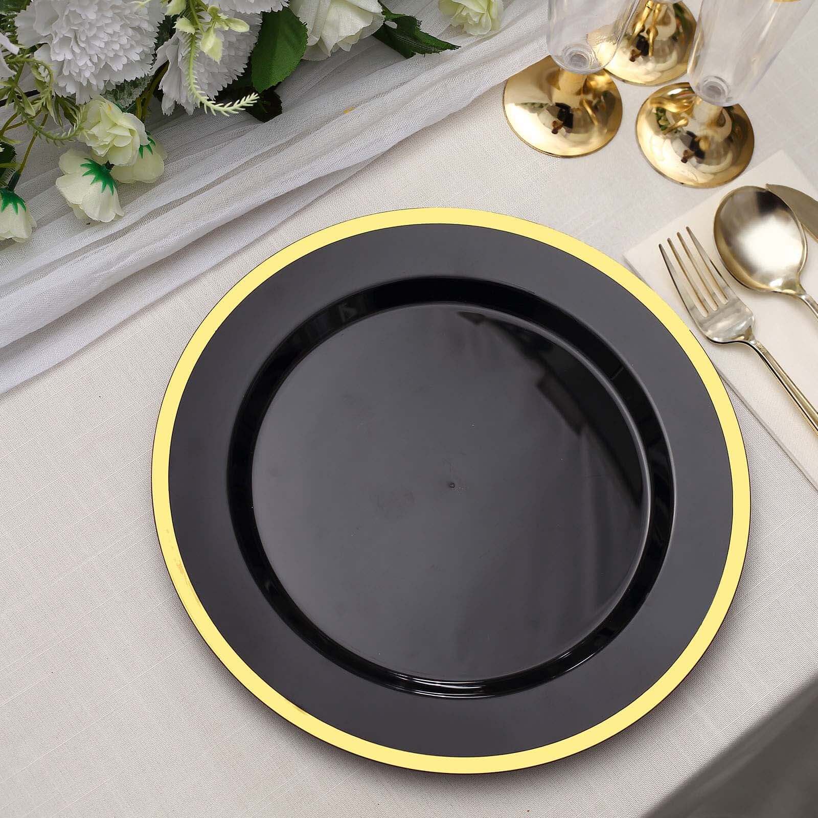 10-Pack Plastic 10 Round Dinner Plates in Black with Gold Rim - Disposable Party Plates for Classy Banquets & Special Occasions