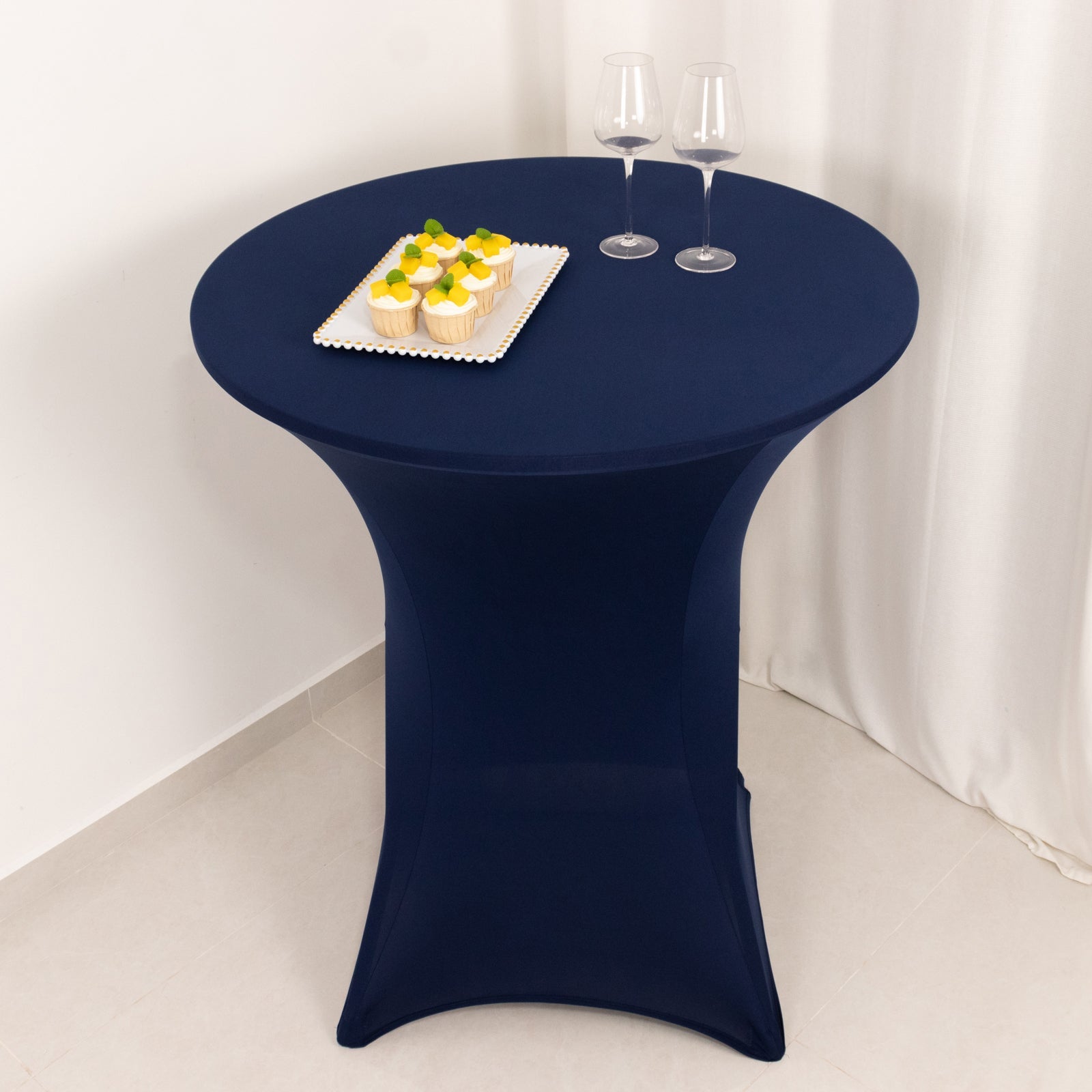 Spandex 33-36 Round Cocktail Table Cover Navy Blue - Easy to Maintain Stretch Fitted Highboy Tablecloth