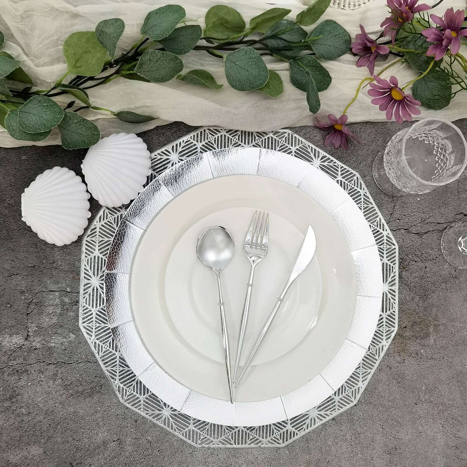 10-Pack Disposable Round Charger Plates in Silver with Leathery Texture - Durable 1100GSM Cardboard Placemats 13