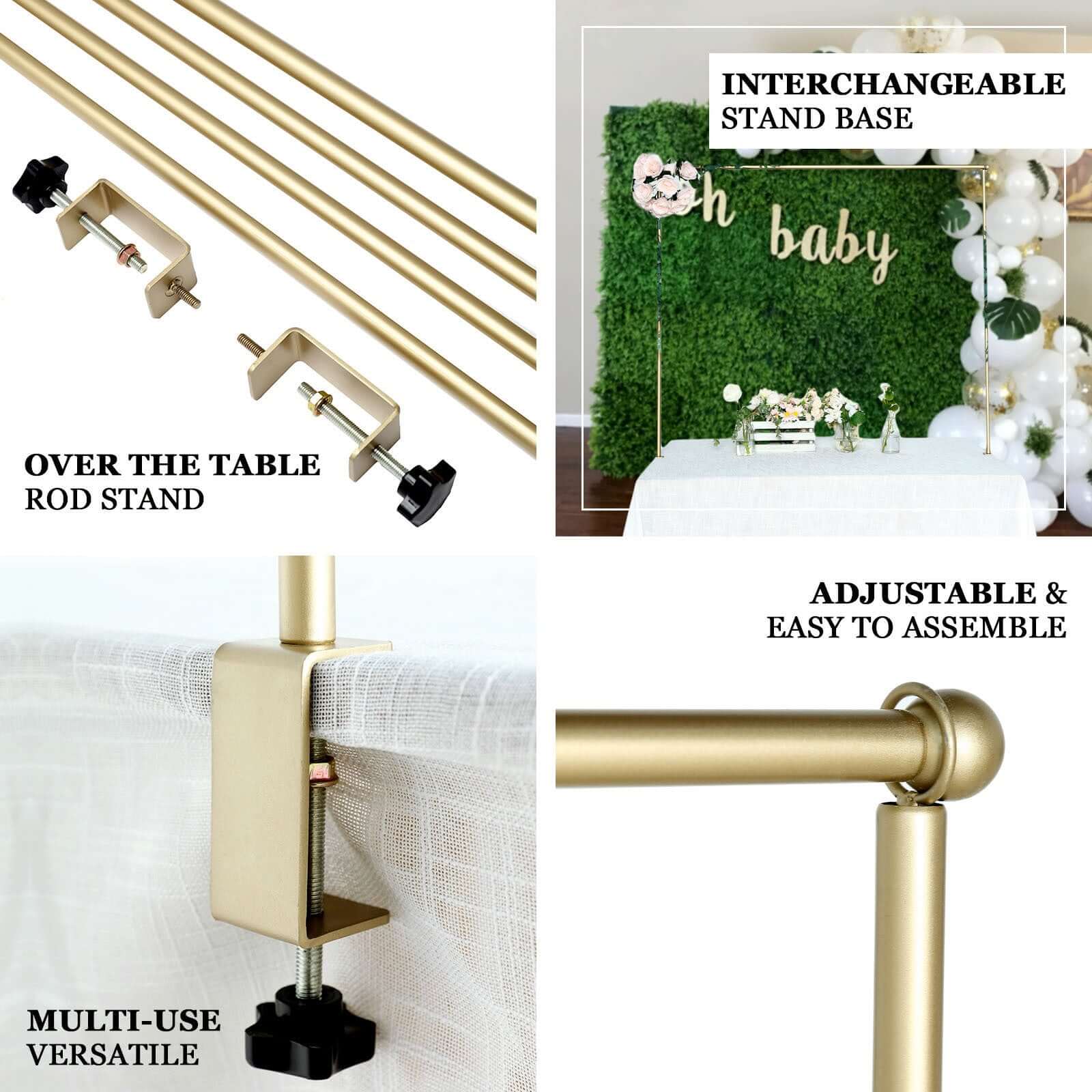 Over The Table Metal Rod Stand with Clamps Gold - Sturdy Adjustable Table Flower Arch Balloon Backdrop Frame Stand for Exquisite Event Setup & Decor 42