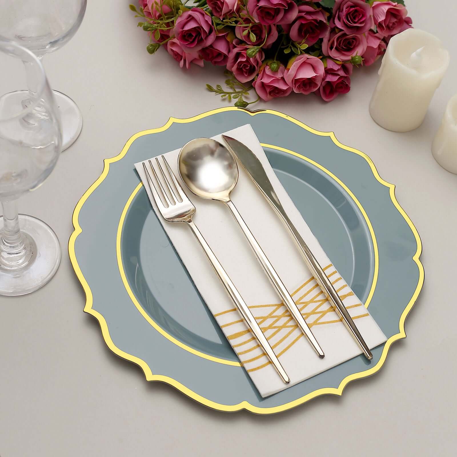 10-Pack Plastic 10 Round Dinner Plates in Dusty Blue with Gold Scalloped Rim - Disposable Party Plates