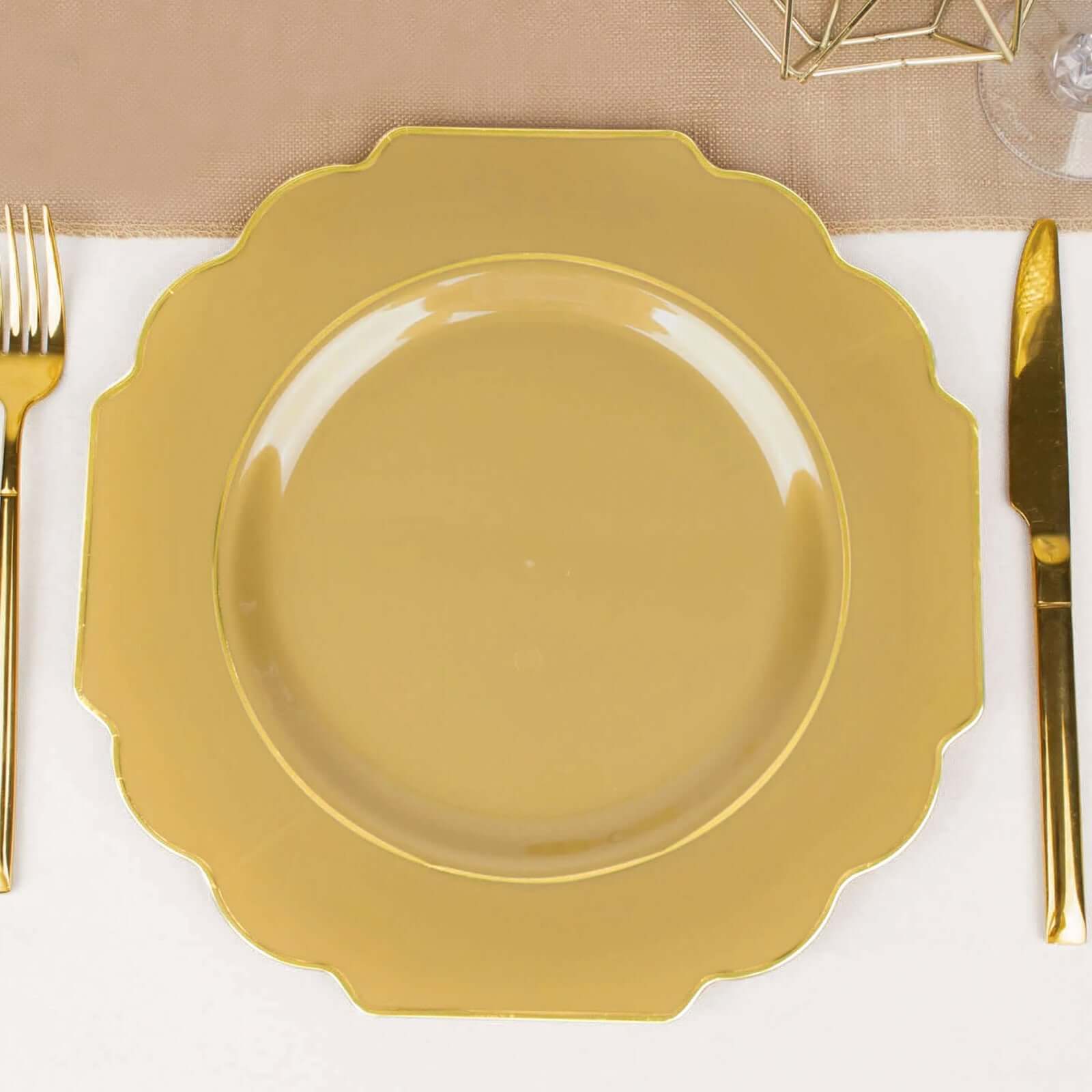 10-Pack Plastic Dinner Plates in Gold Baroque Design with Scalloped Gold Rim - Heavy Duty Disposable Party Plates for Events & Banquets 11