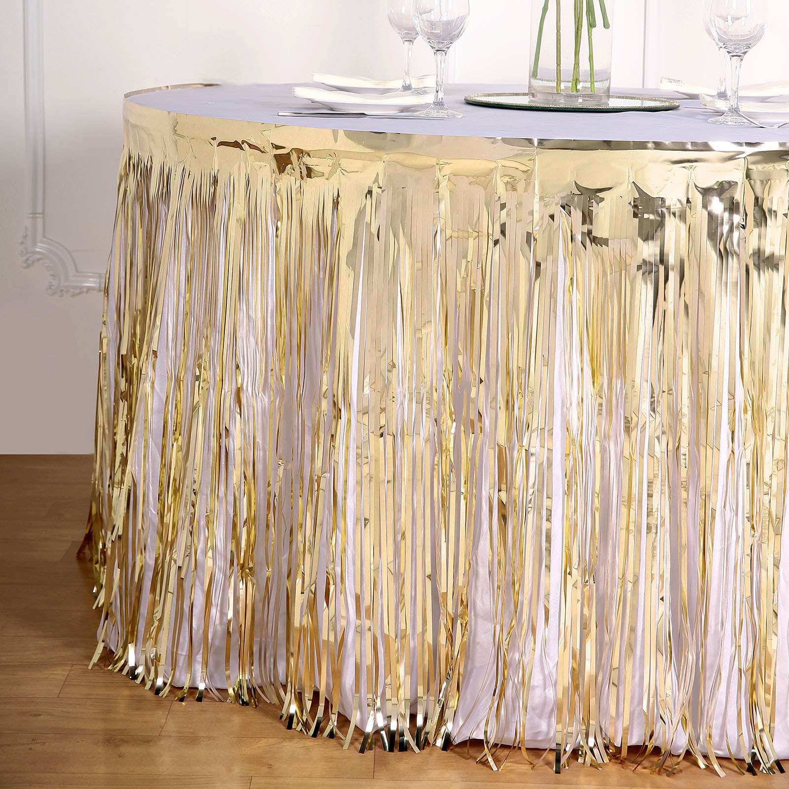 Metallic Foil Fringe Table Skirt Champagne with Self Adhesive Backing - Durable Tinsel Skirt for Parties 30x9ft