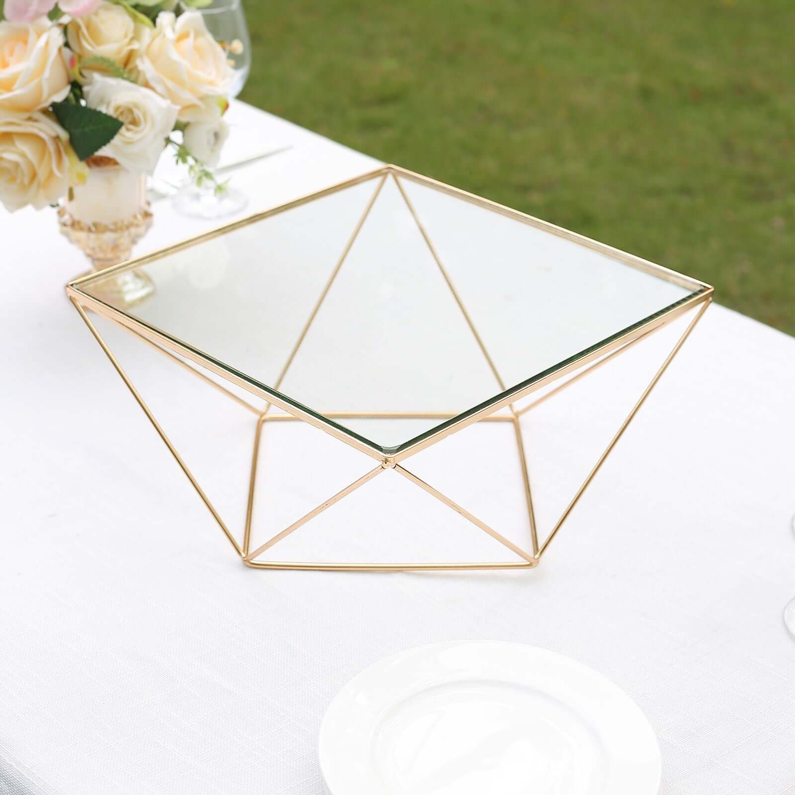 Metal Cake Stand Geometric Pedestal Riser Design Gold with Square Glass Top - Display Centerpiece 12