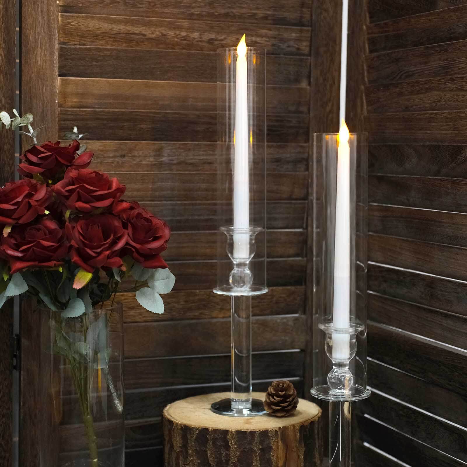 2-Pack Crystal Glass Hurricane Taper Candle Holders, Tall Decorative Candle Stands Clear Cylinder Chimney Tubes 18