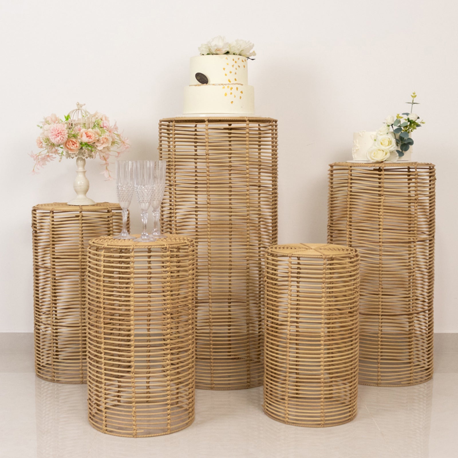 Set of 5 Natural Woven Rattan Wicker Pedestal Stands, Boho Chic Side Table Cylinder Cake Dessert Plant Display Stands - 20,21,24,29,36