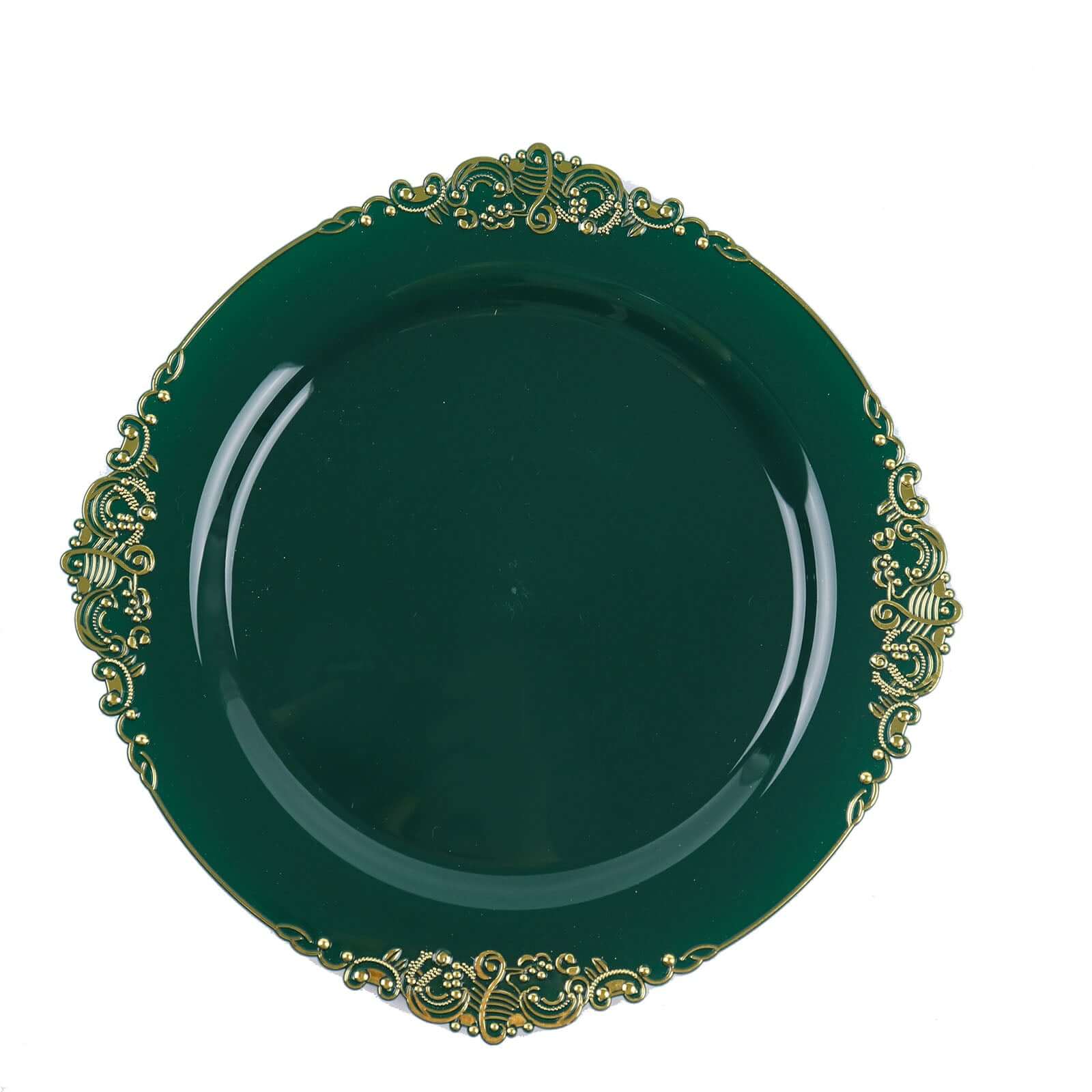 10-Pack Plastic 8 Round Dessert Plates in Hunter Emerald Green with Gold Leaf Embossed Rim - Disposable Vintage Baroque Style Salad Plates