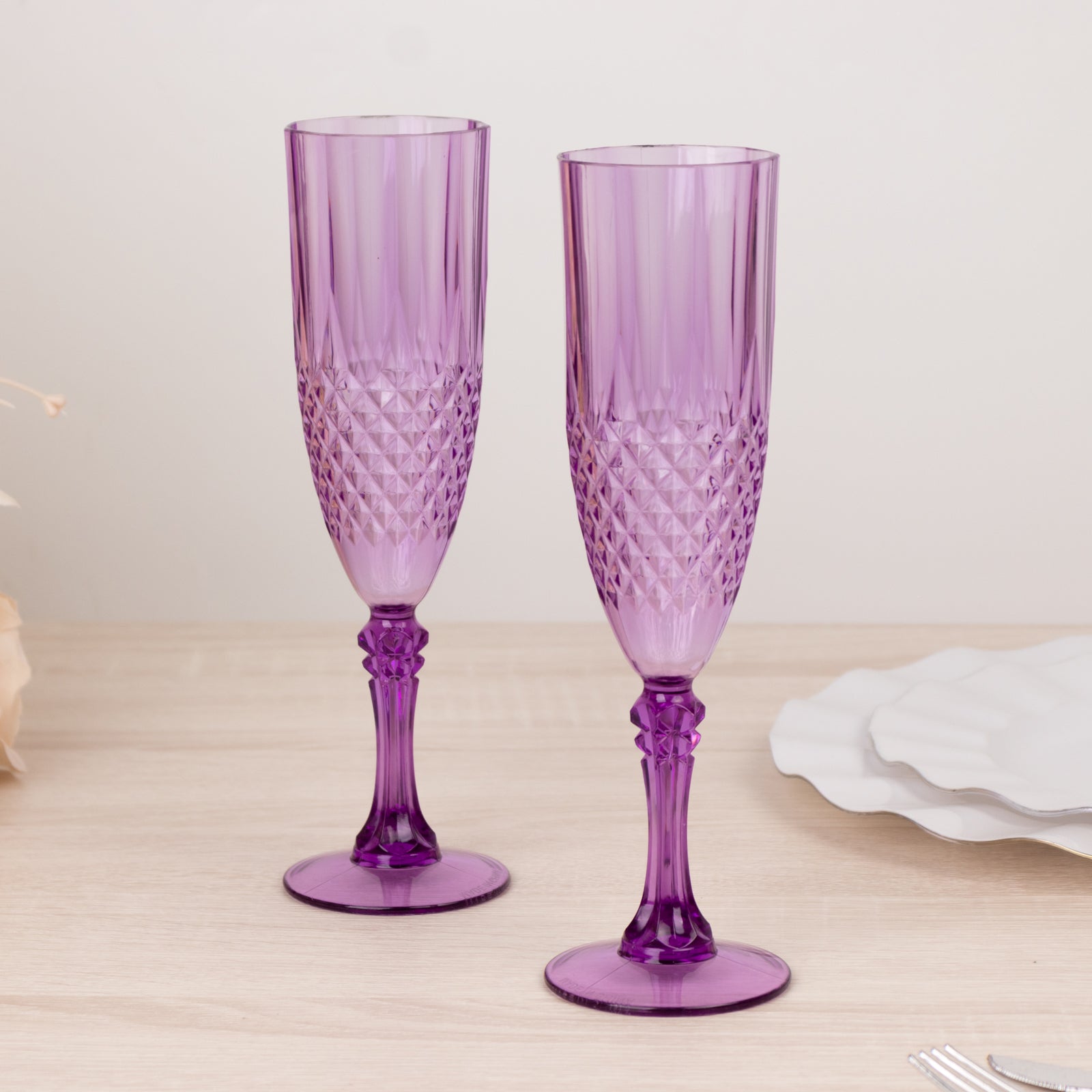 6-Pack Plastic Wedding Toast Flutes Purple Transparent Crystal Cut Style - Reusable Champagne Glasses 8oz