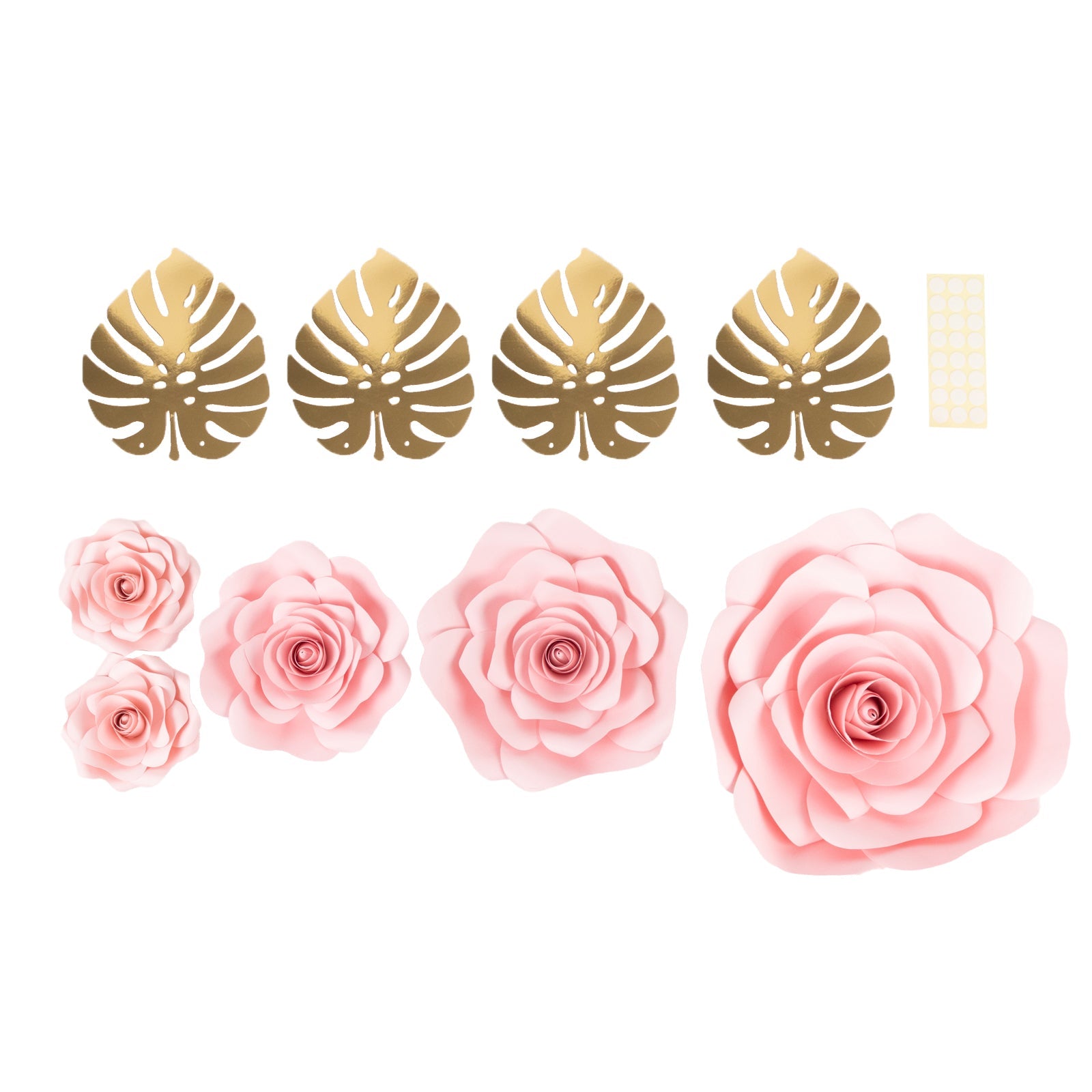 Set of 9 Pink 3D Rose Paper Flowers with Gold Tropical Palm Leaves, Party Flower Backdrop Hanging Wall Decor