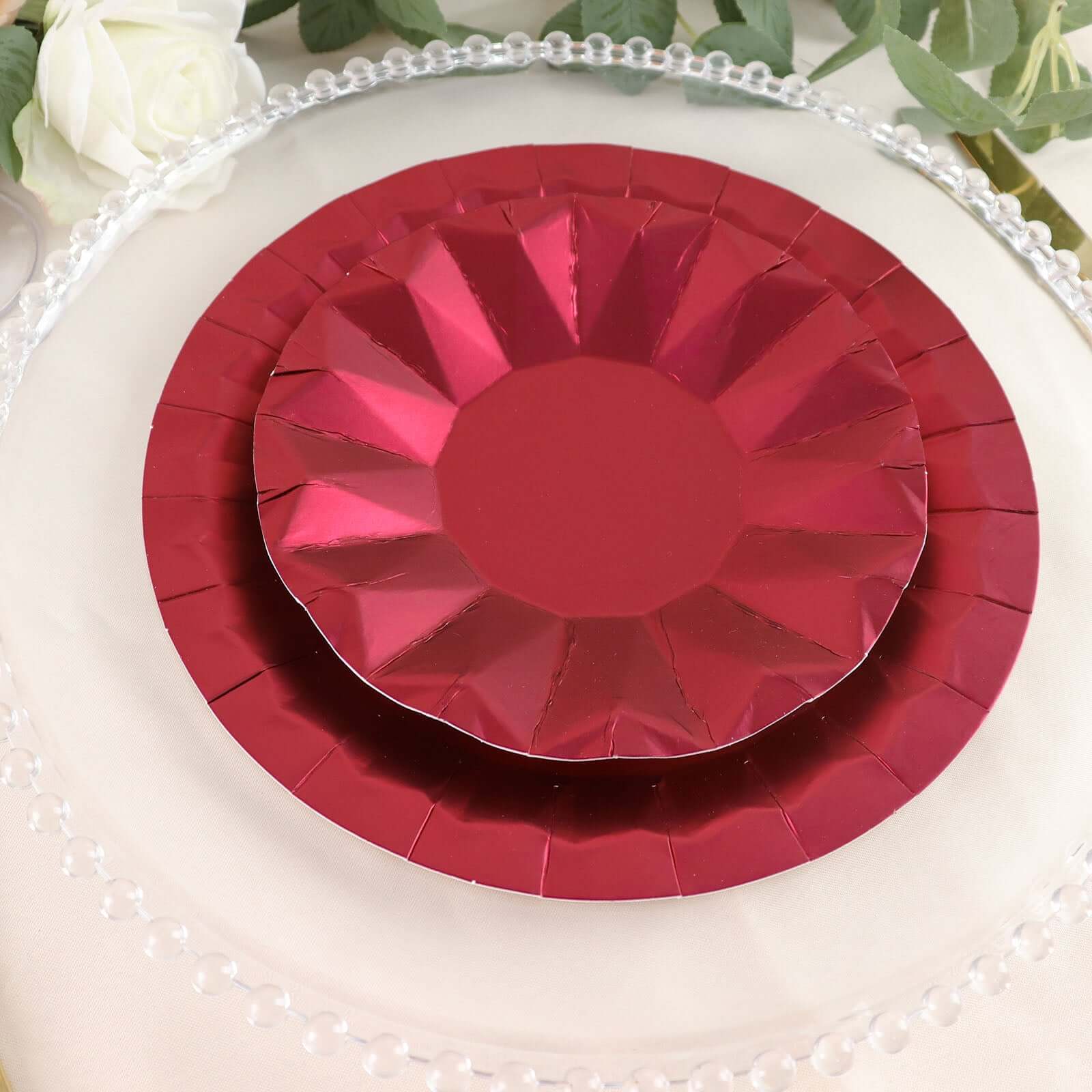 25-Pack Paper 7 Round Dessert Plates in Burgundy with Geometric Prism Rim - Disposable 400GSM Appetizer Salad Plates