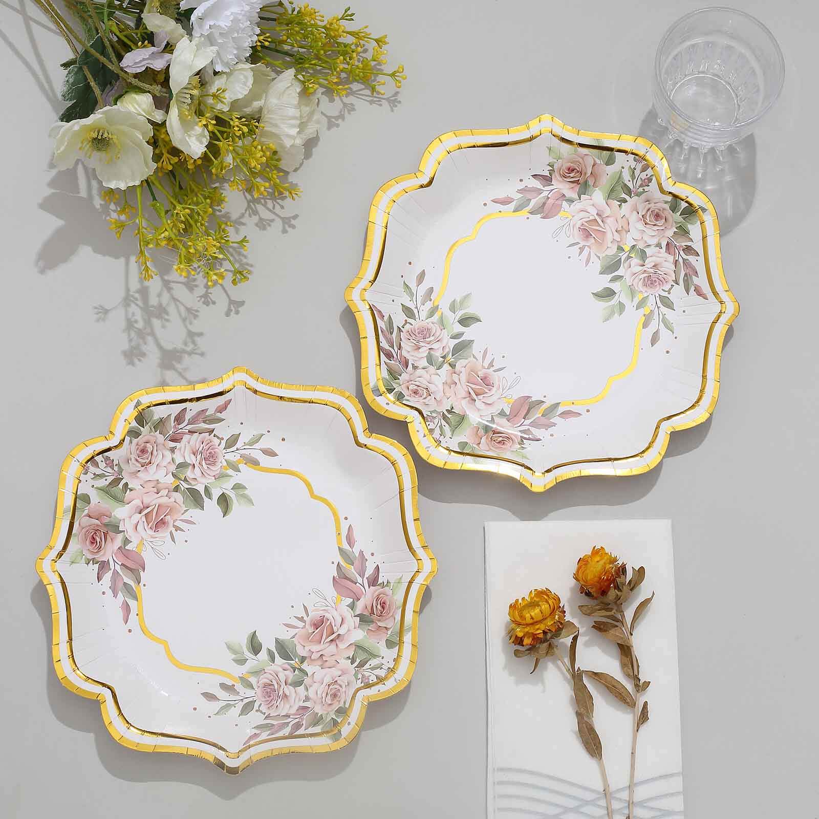 25-Pack Paper 8 Dessert Plates in White with Floral Print & Gold Scallop Rim - Disposable 300GSM Appetizer Salad Plates for Cocktail Events & Receptions