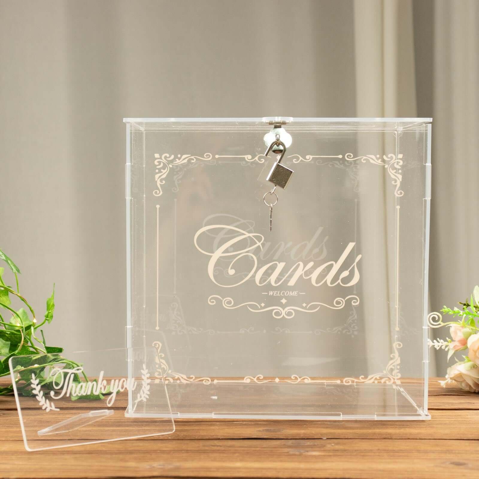 Clear Acrylic Wedding Card Box With Lock, Key & Thank You Sign Stand, Reception Party Money Gift Card Box