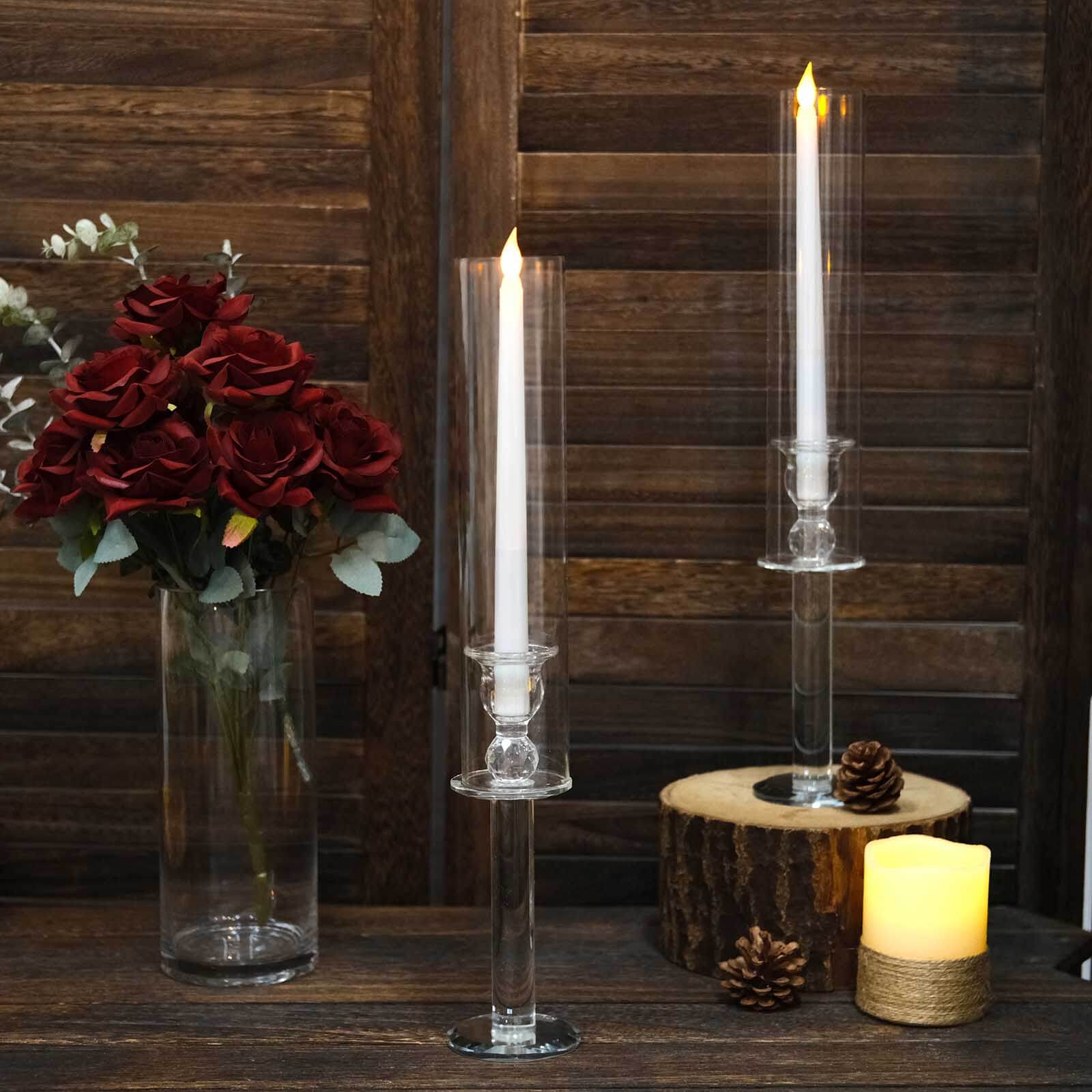 2-Pack Crystal Glass Hurricane Taper Candle Holders, Tall Decorative Candle Stands Clear Cylinder Chimney Tubes 18