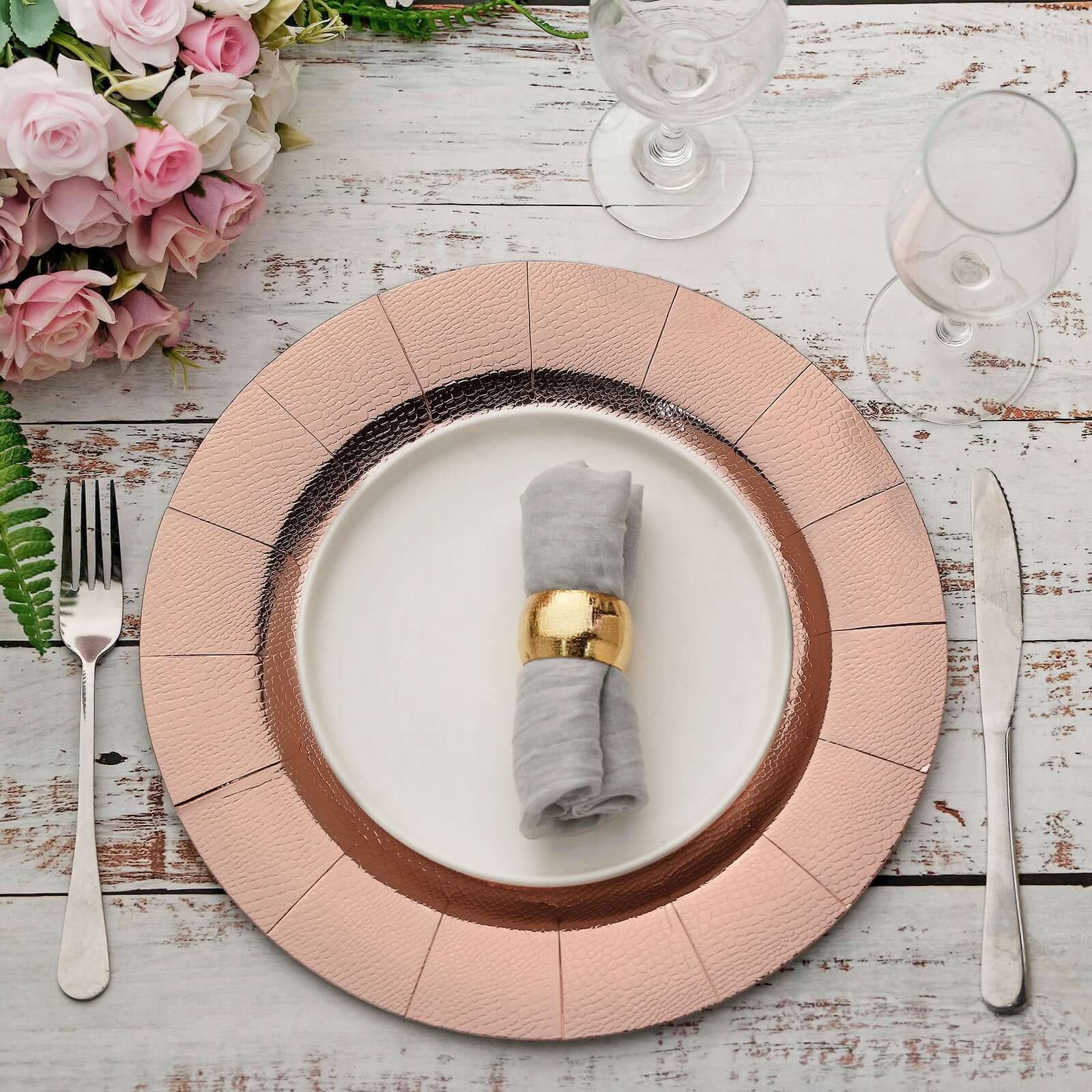 10-Pack Disposable Round Charger Plates in Rose Gold with Leathery Texture - Durable 1100GSM Cardboard Placemats 13