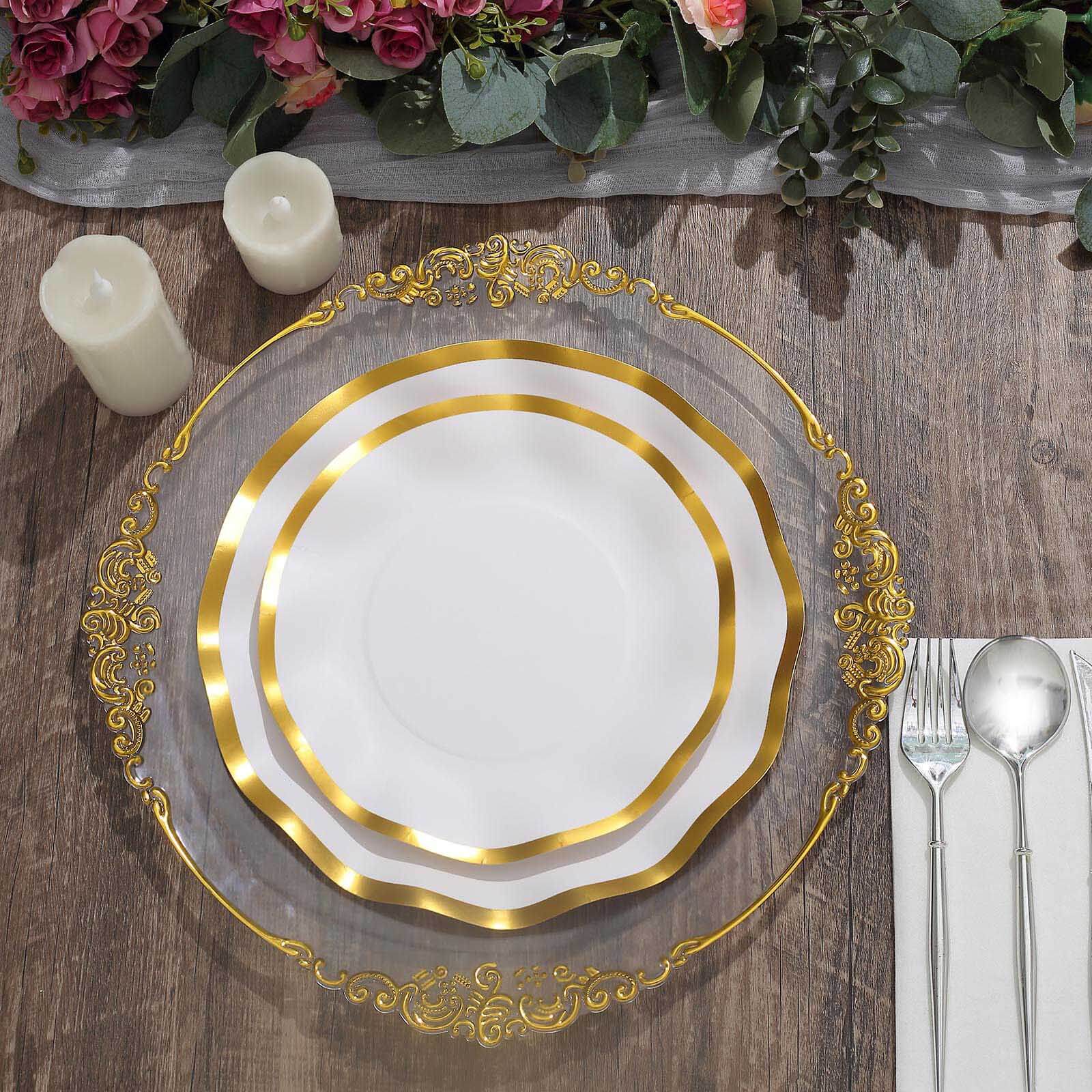 25-Pack Paper Round Dinner Plates 10 Matte White with Gold Wavy Rim - Disposable 350GSM Party Plates for Banquets & Upscale Gatherings