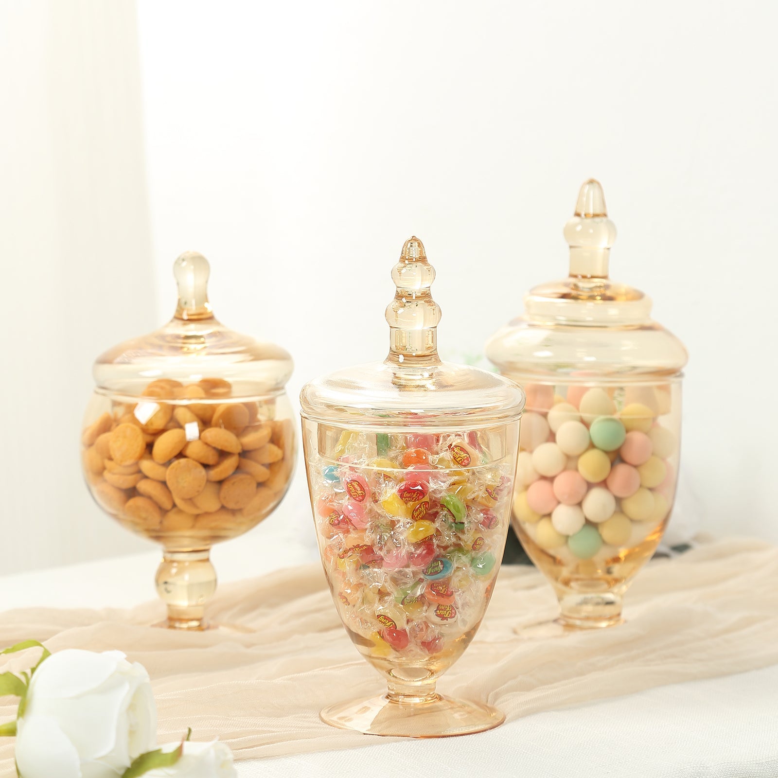 Set of 3 Glass Jars Apothecary Design Amber Gold and Snap-On Lids - Stylish Decorative Candy Buffet Storage 8.5, 9, 10