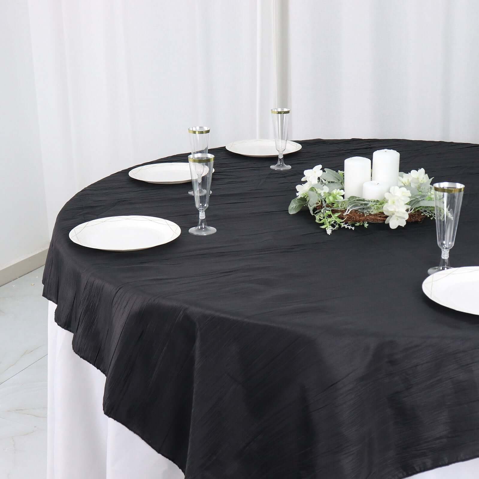 Taffeta 72x72 Table Overlay Square Tablecloth Black - Accordion Crinkle Table Cover