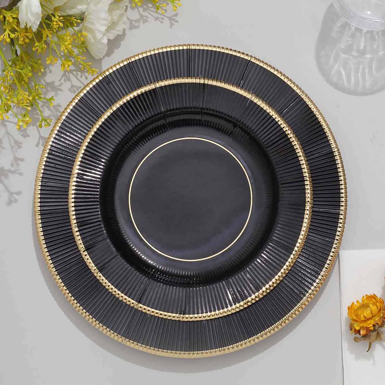 25-Pack Paper 8 Round Dessert Plates in Black Sunray Design with Gold Rim - Disposable Heavy Duty 350GSM Appetizer Salad Plates